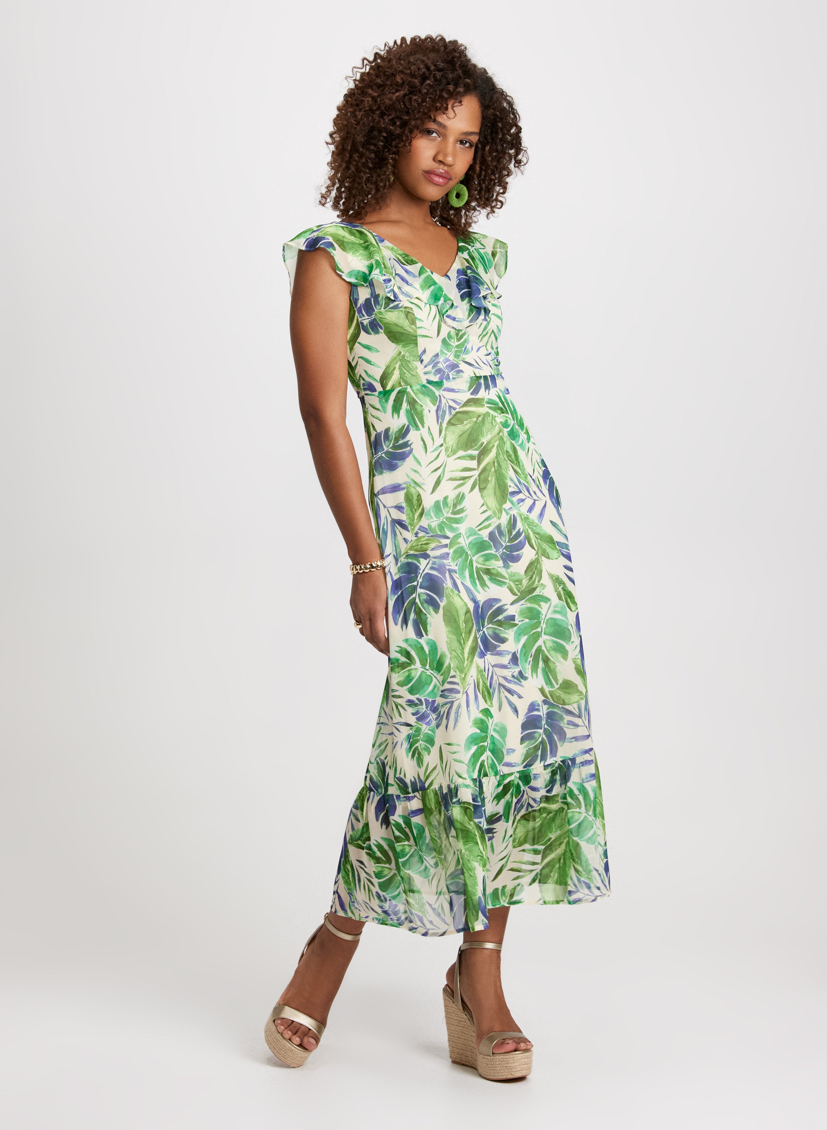 Ruffled Leaf Print Maxi Dress