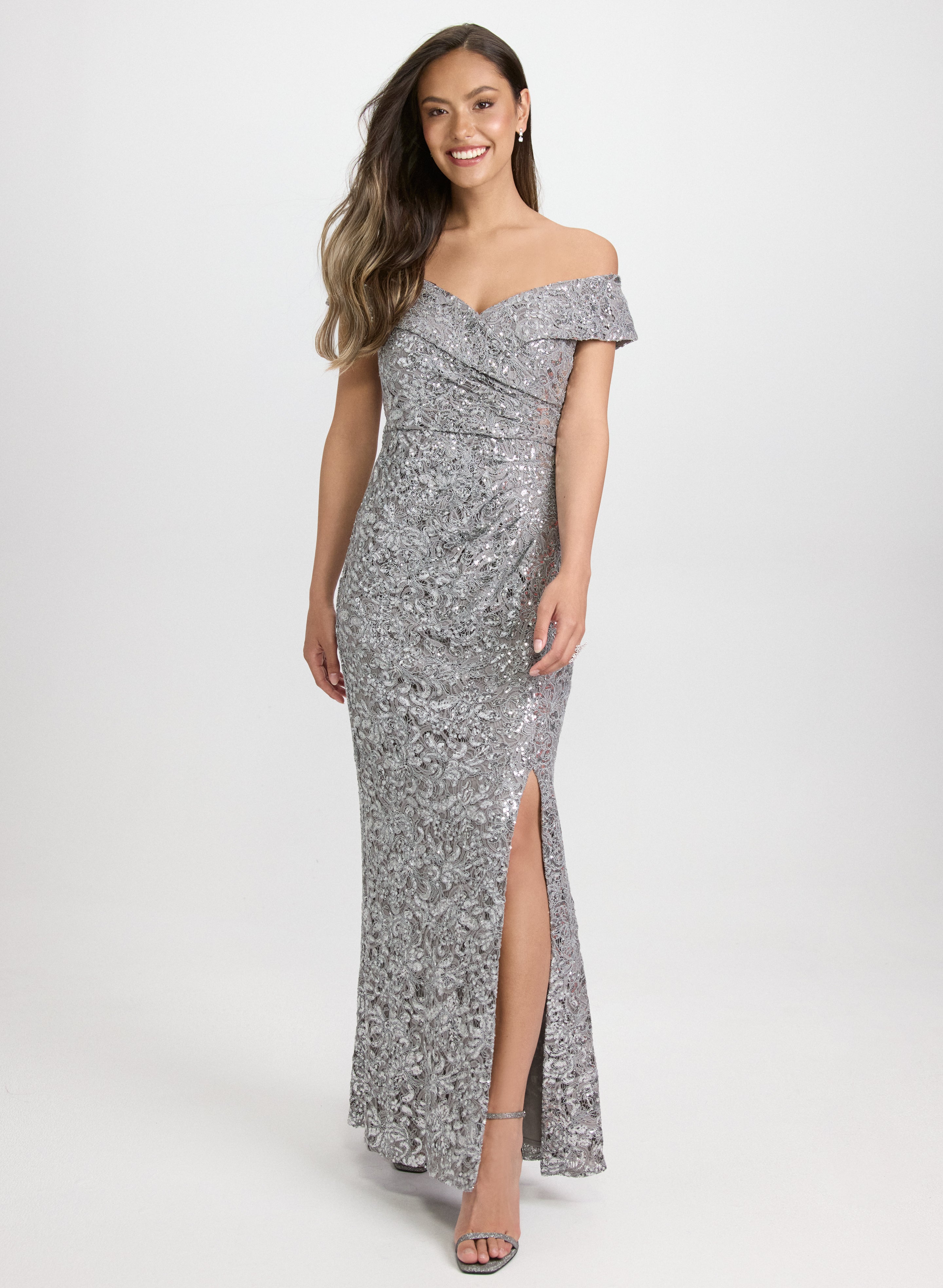 grey off the shoulder dress Alex Evenings