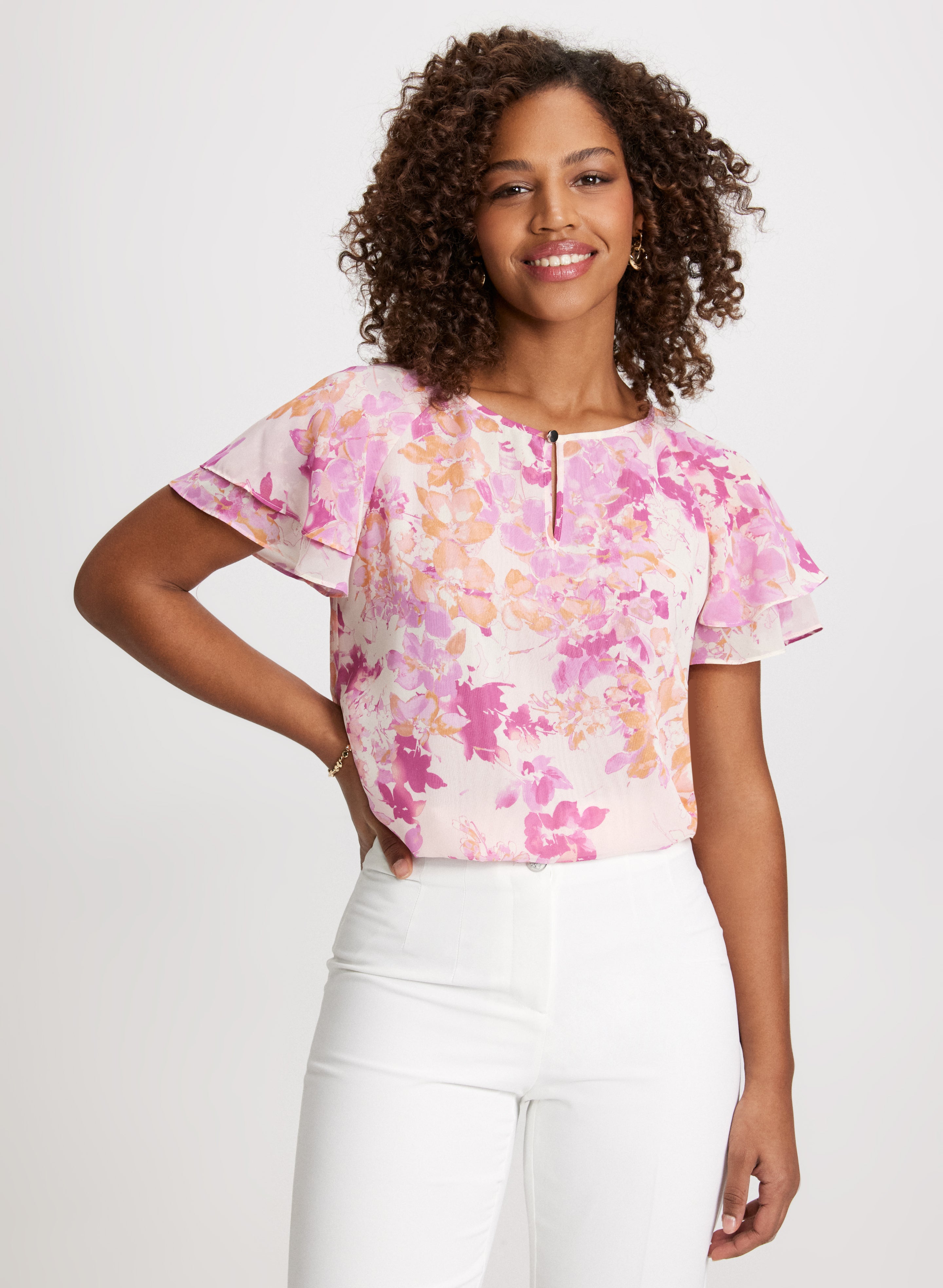 Tiered Short Sleeves Floral Blouse