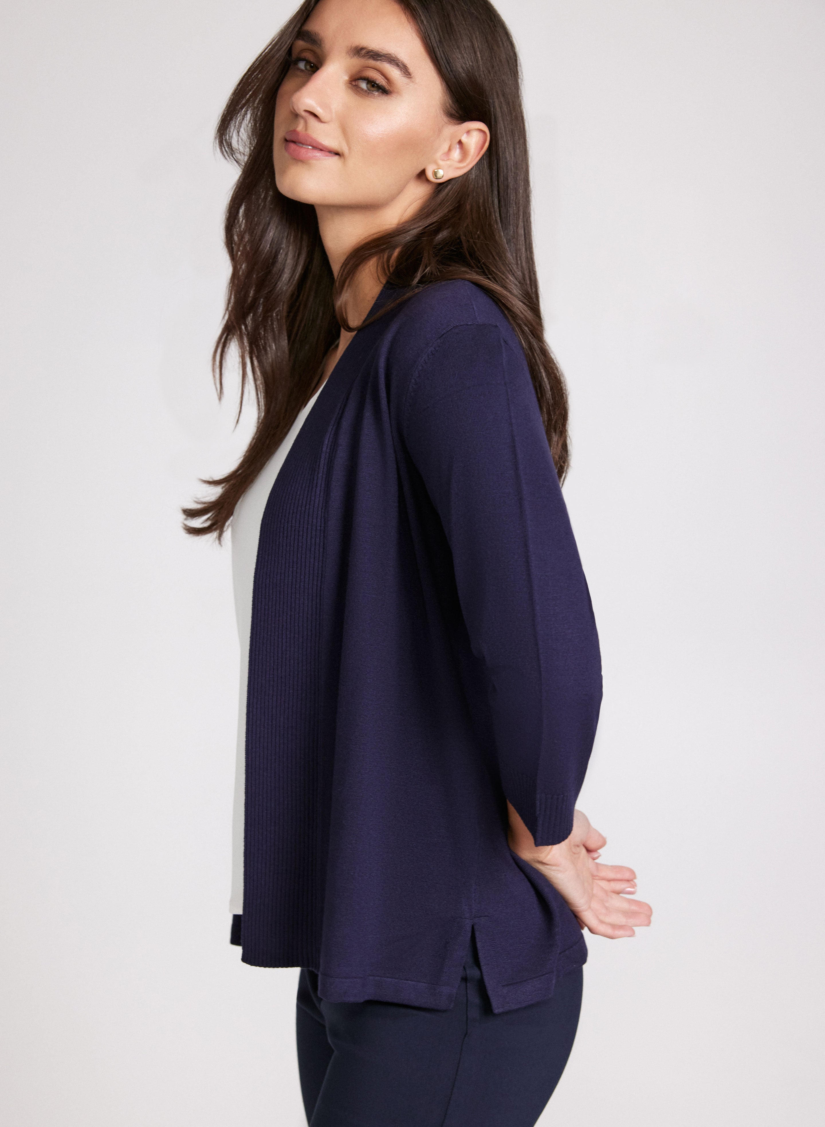 Ribbed Trim Open-Front Cardigan