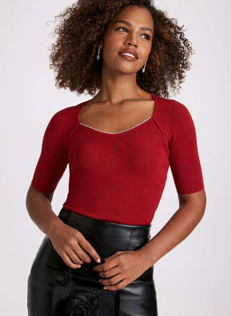 Rhinestone Stripe Round Neck Sweater