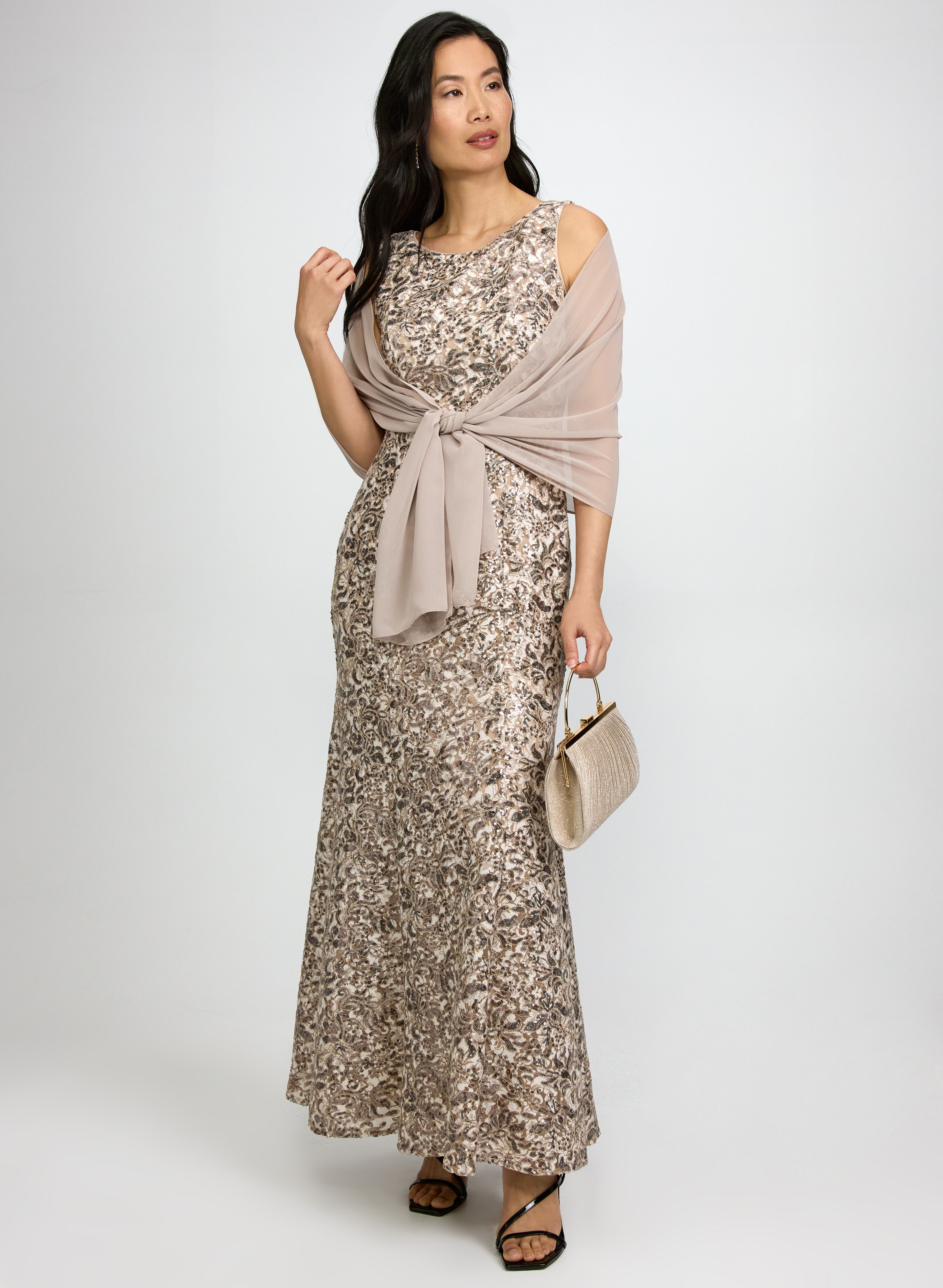 Sequin Dress & Chiffon Shawl Set