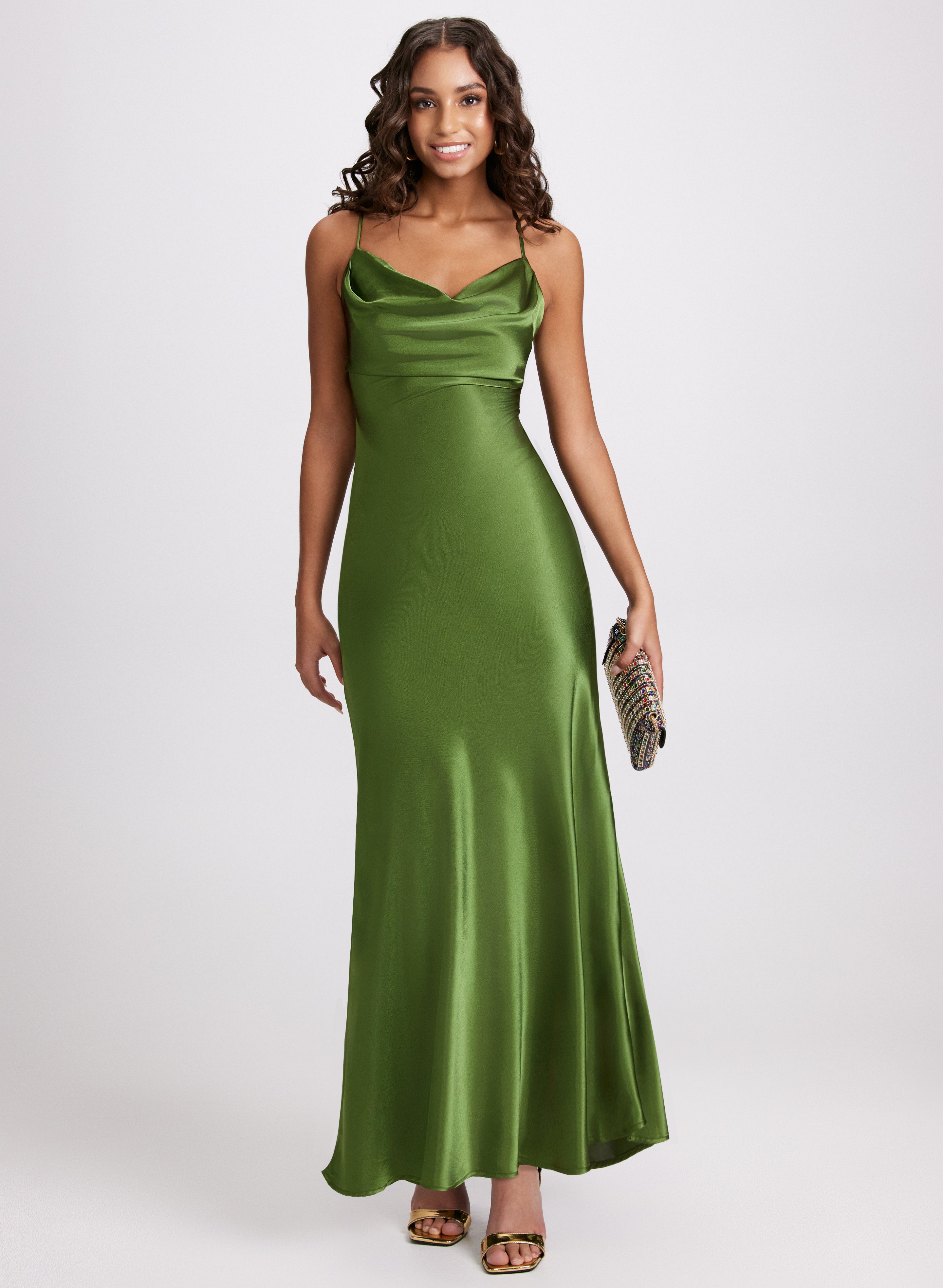 Drape Neck Satin Dress