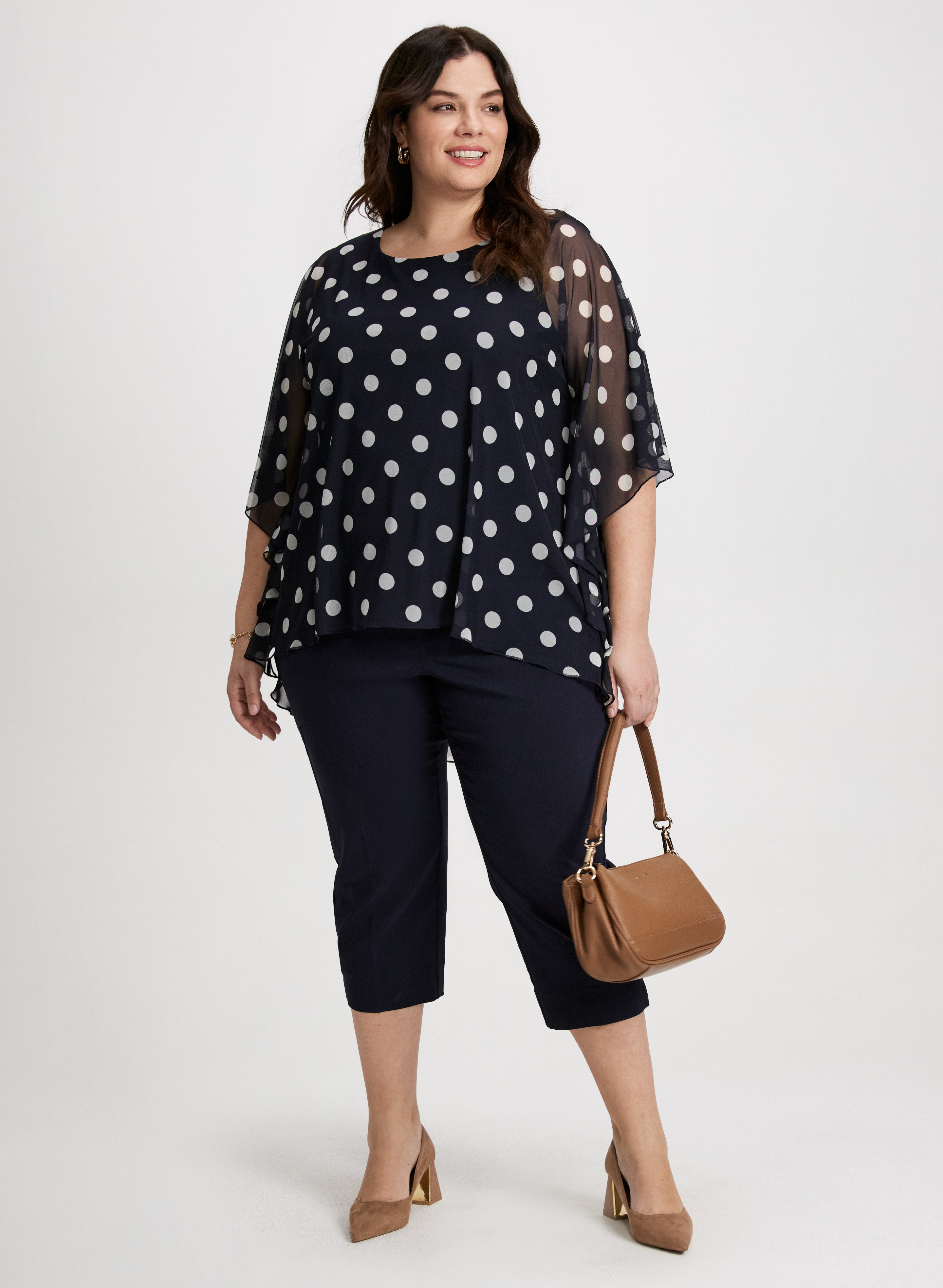 Sosandar Tops | Womens Navy Blue Polka Dot Mesh Sleeve Detail Top