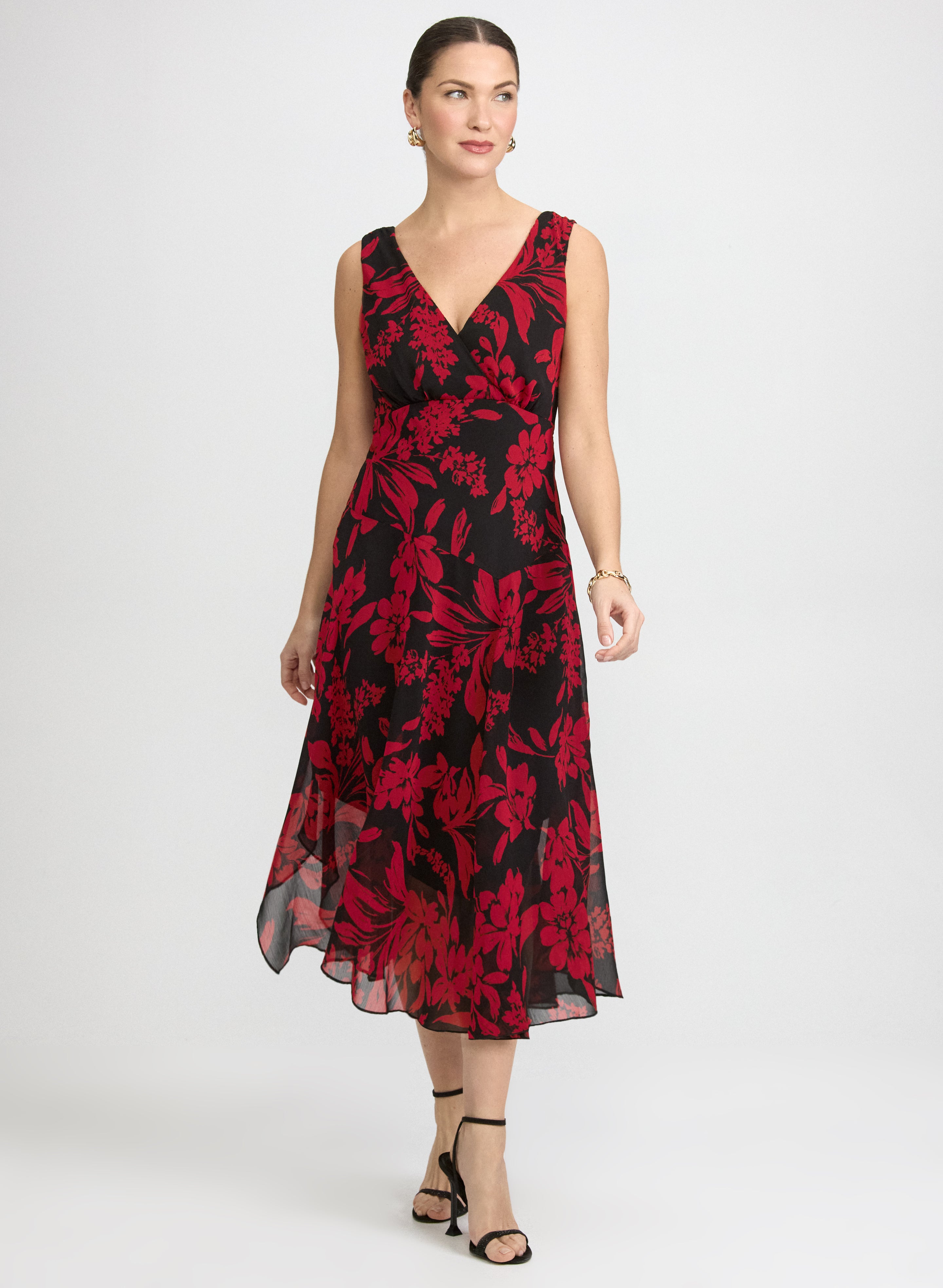 Laura Women's Floral Chiffon Wedding Guest Dress, Cocktail Dress In Red, Size 10, Polyester, Evening Dresses And Occasion Wear