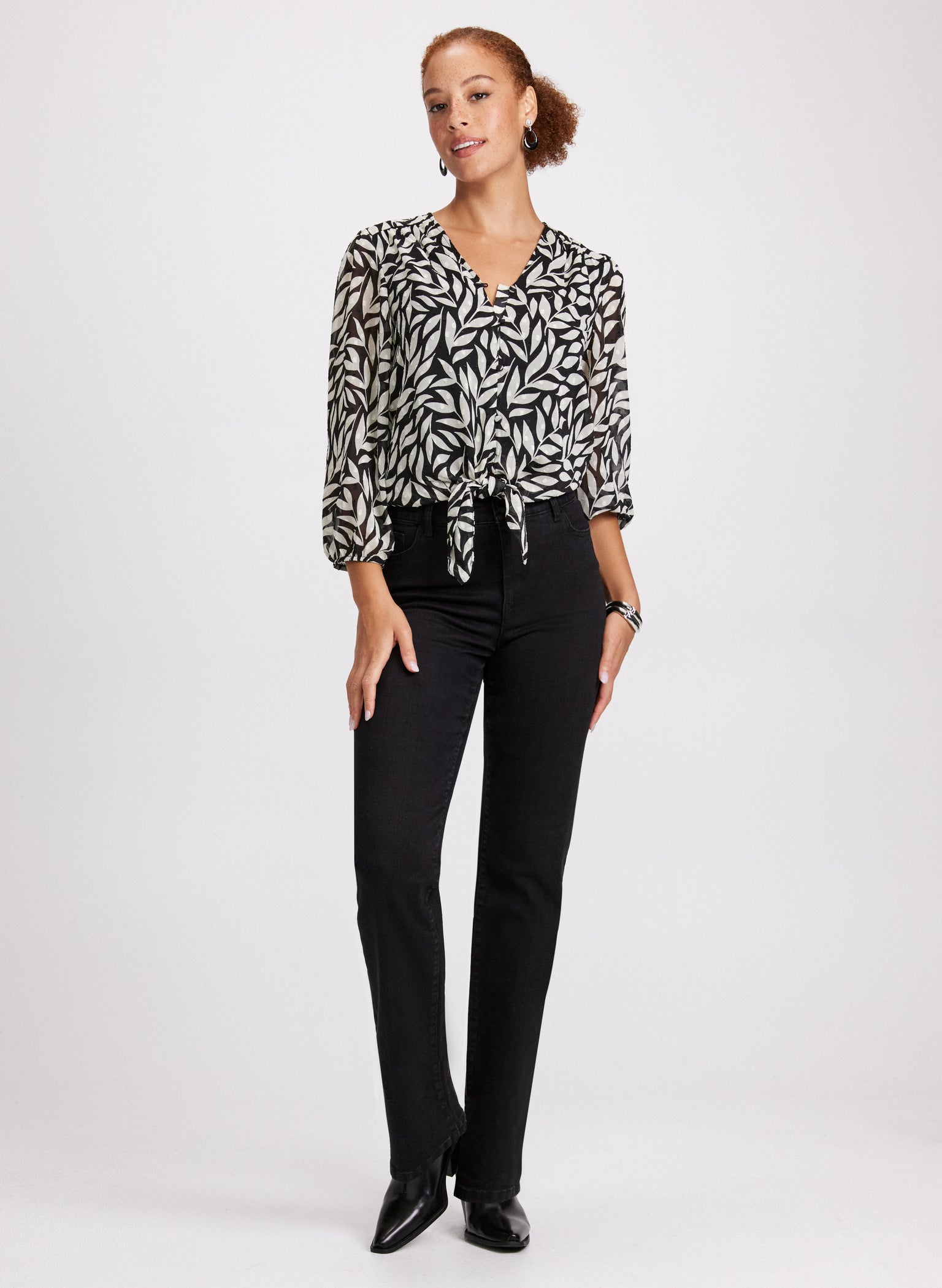 Riani Leaf Print V Neck Blouse With Side Ties (Shorter) Cream/green