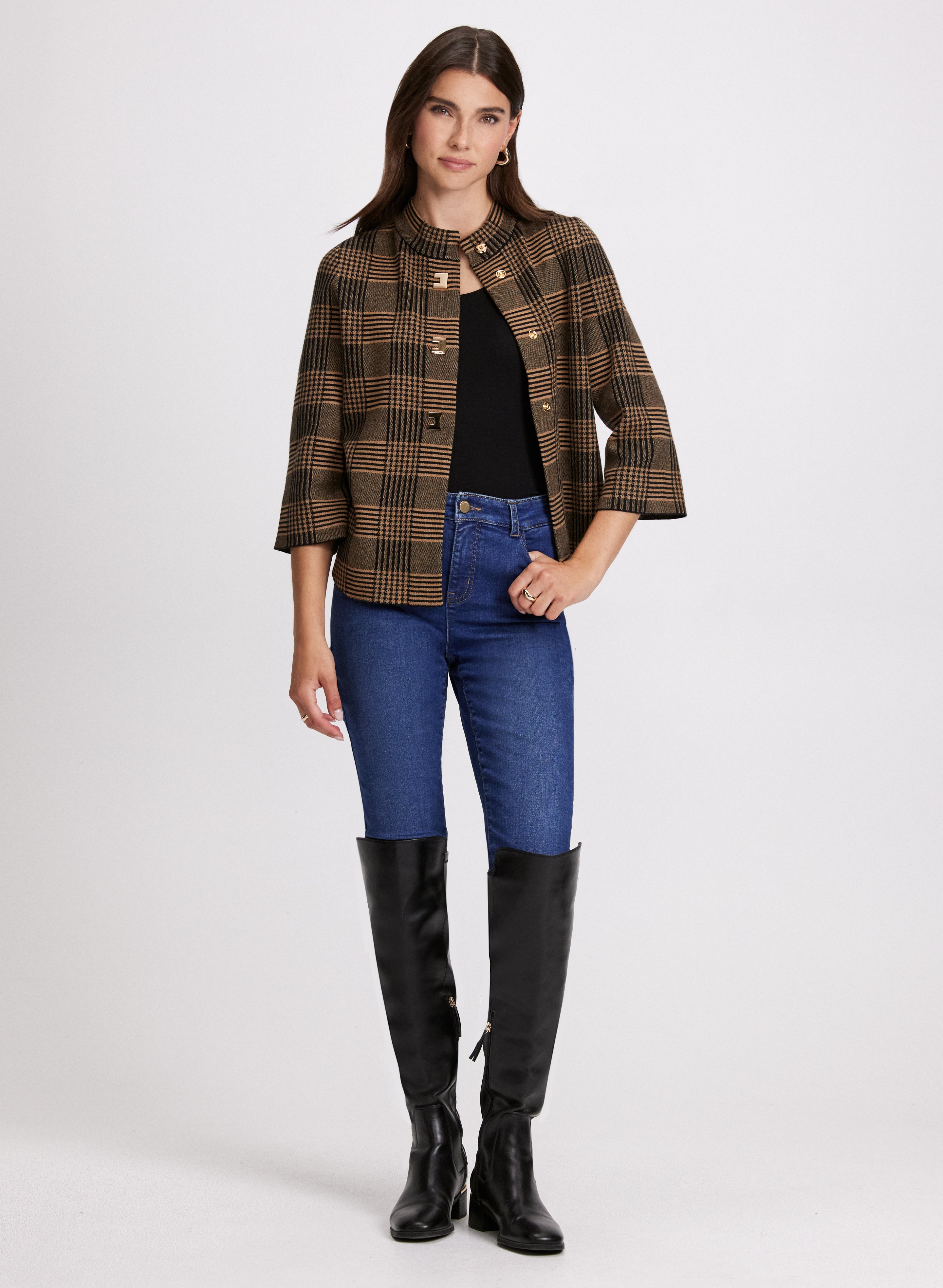 Plaid Print Mock Neck Cardigan