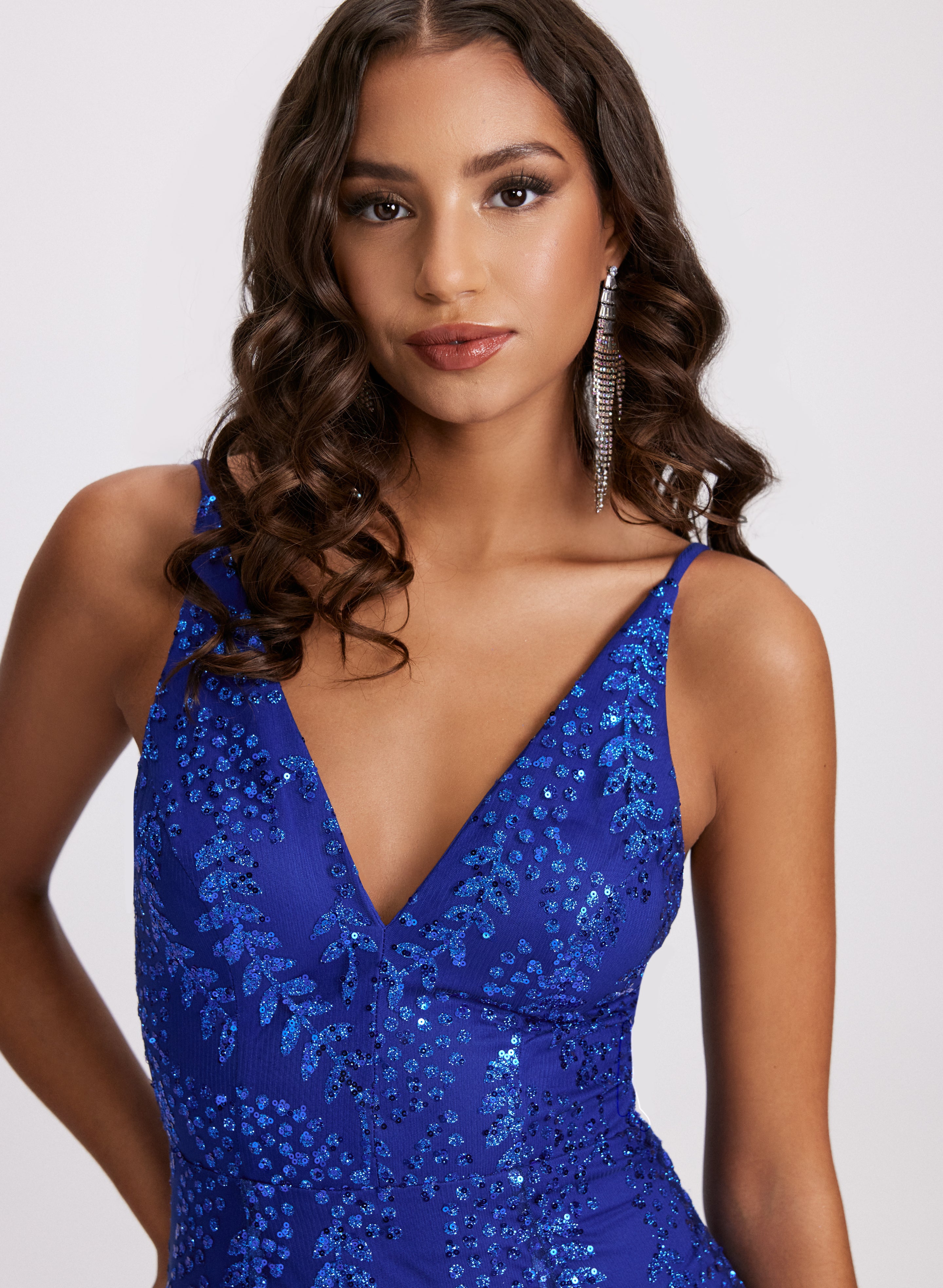 Laura Petites Women s Polyester Spandex Glitter Mesh V Neck Gown in Cool Blue Size 12