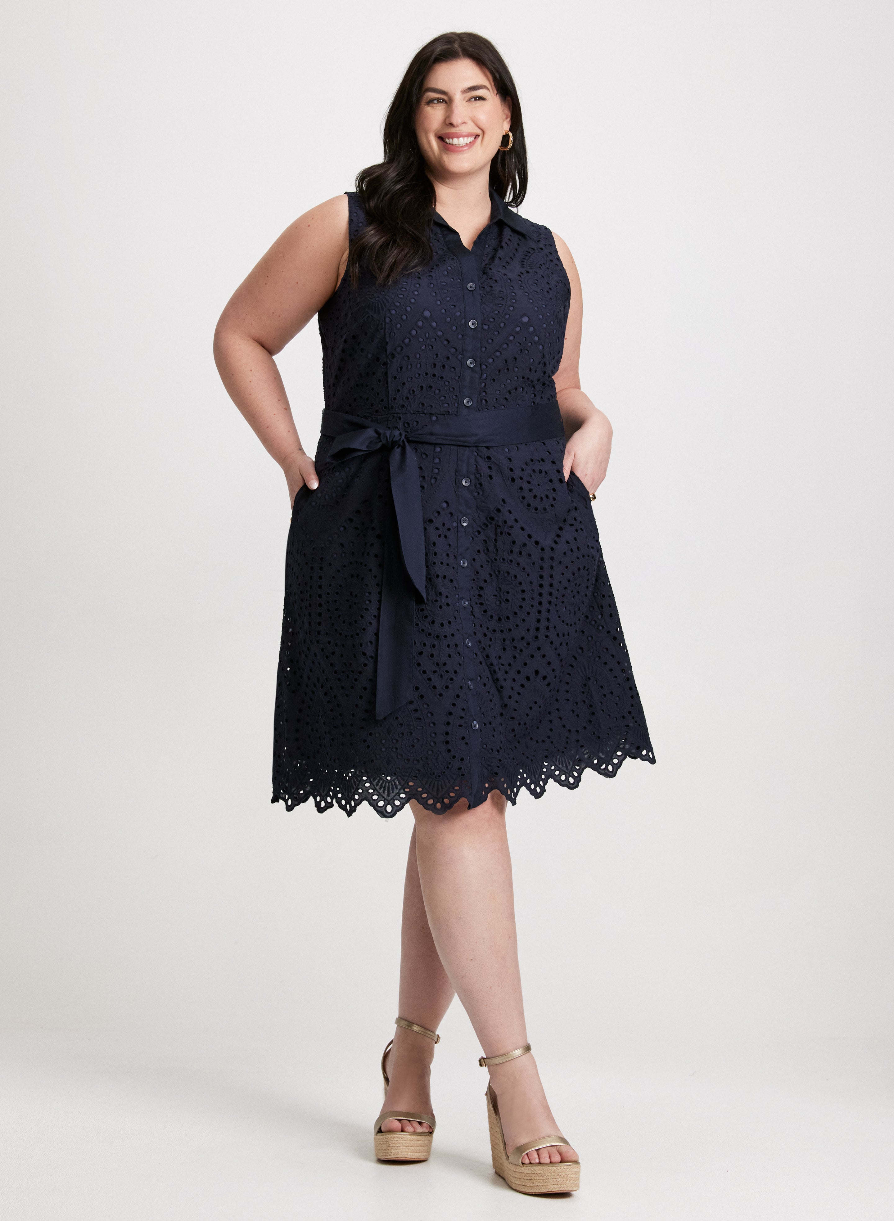 Sleeveless Button-Down Eyelet Dress