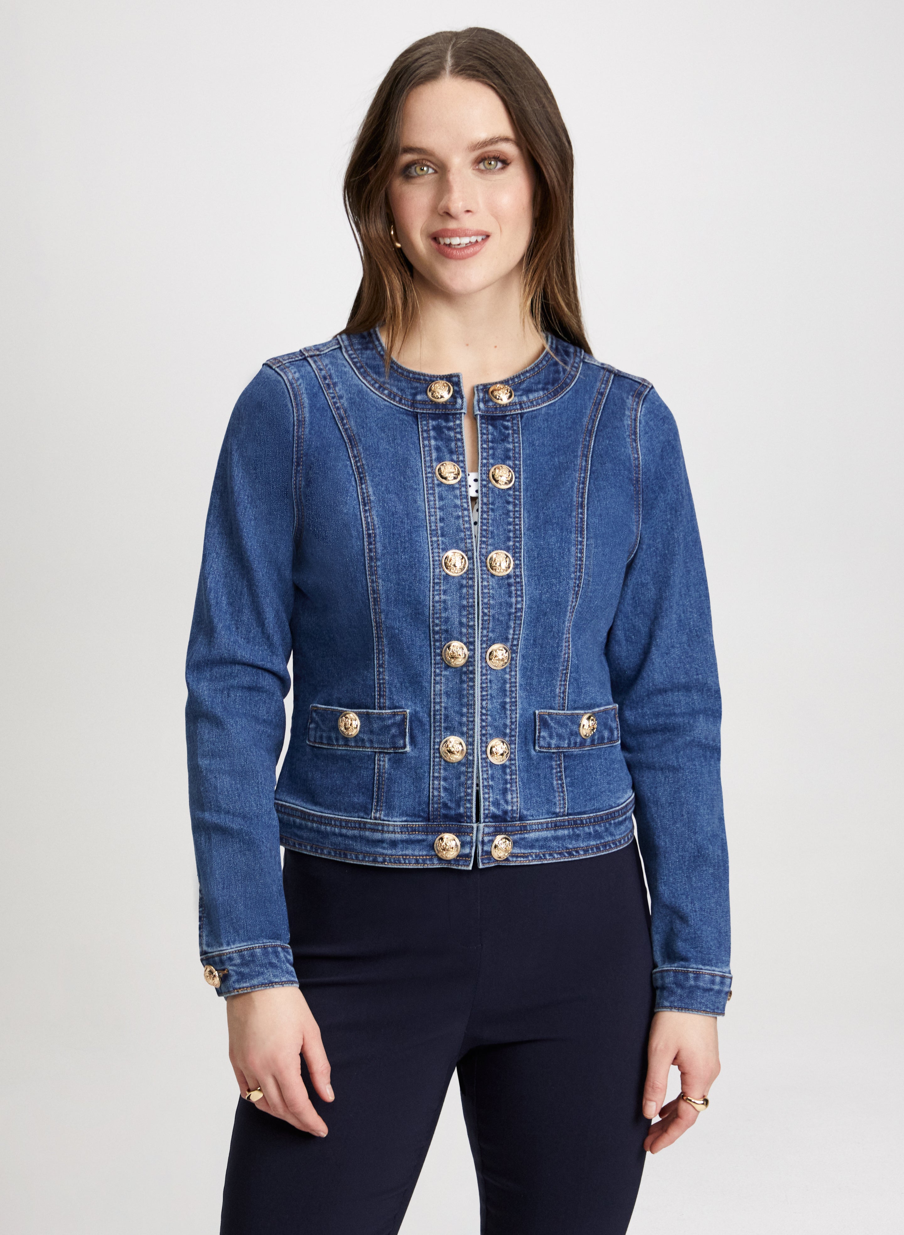 Laura Petites Women s Cotton Polyester Spandex Button Trim Denim Jacket in Indigo Blue Size 8