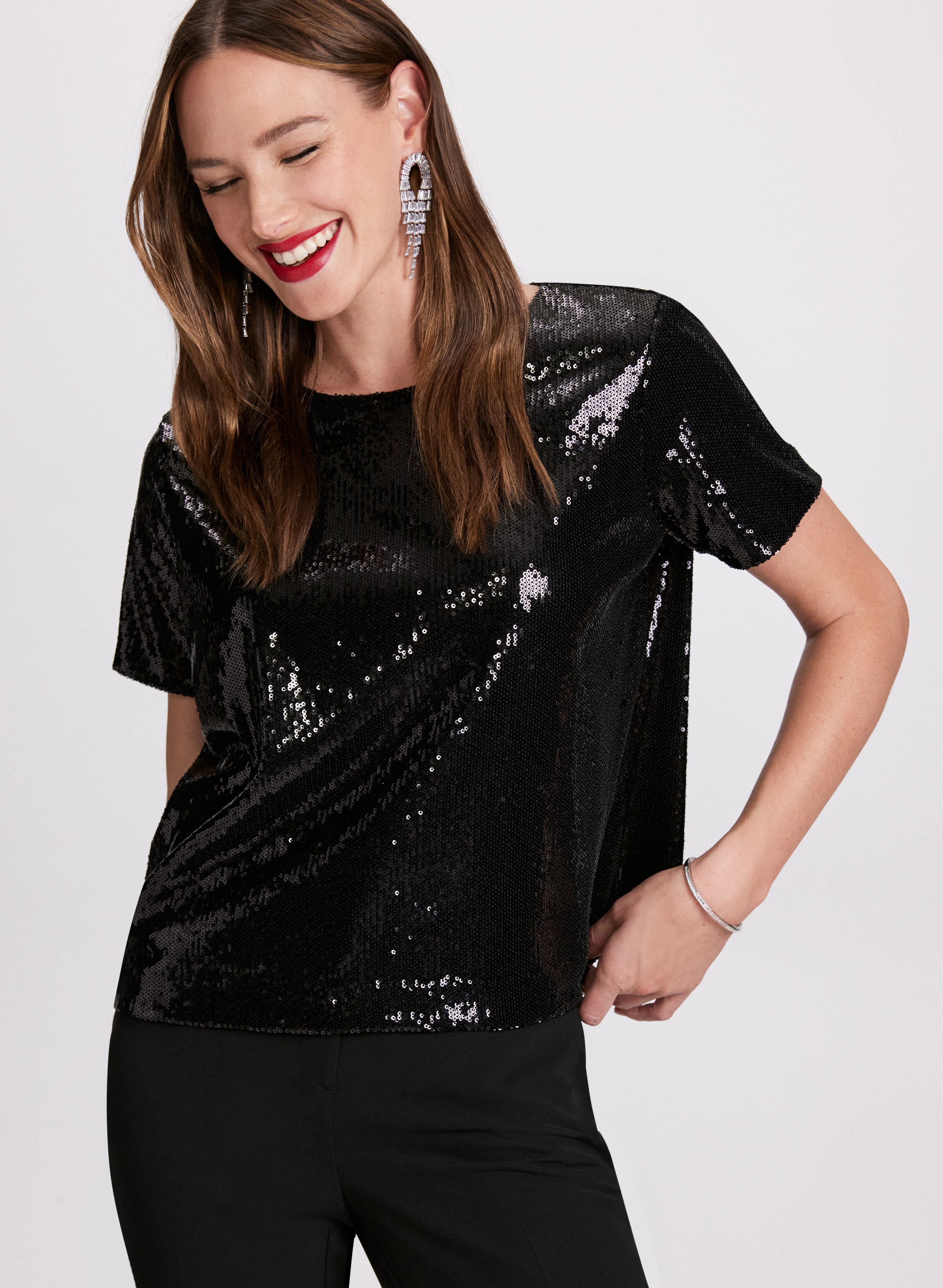 Laura Women s Polyester Sequined Embellished Top in Black Size Medium