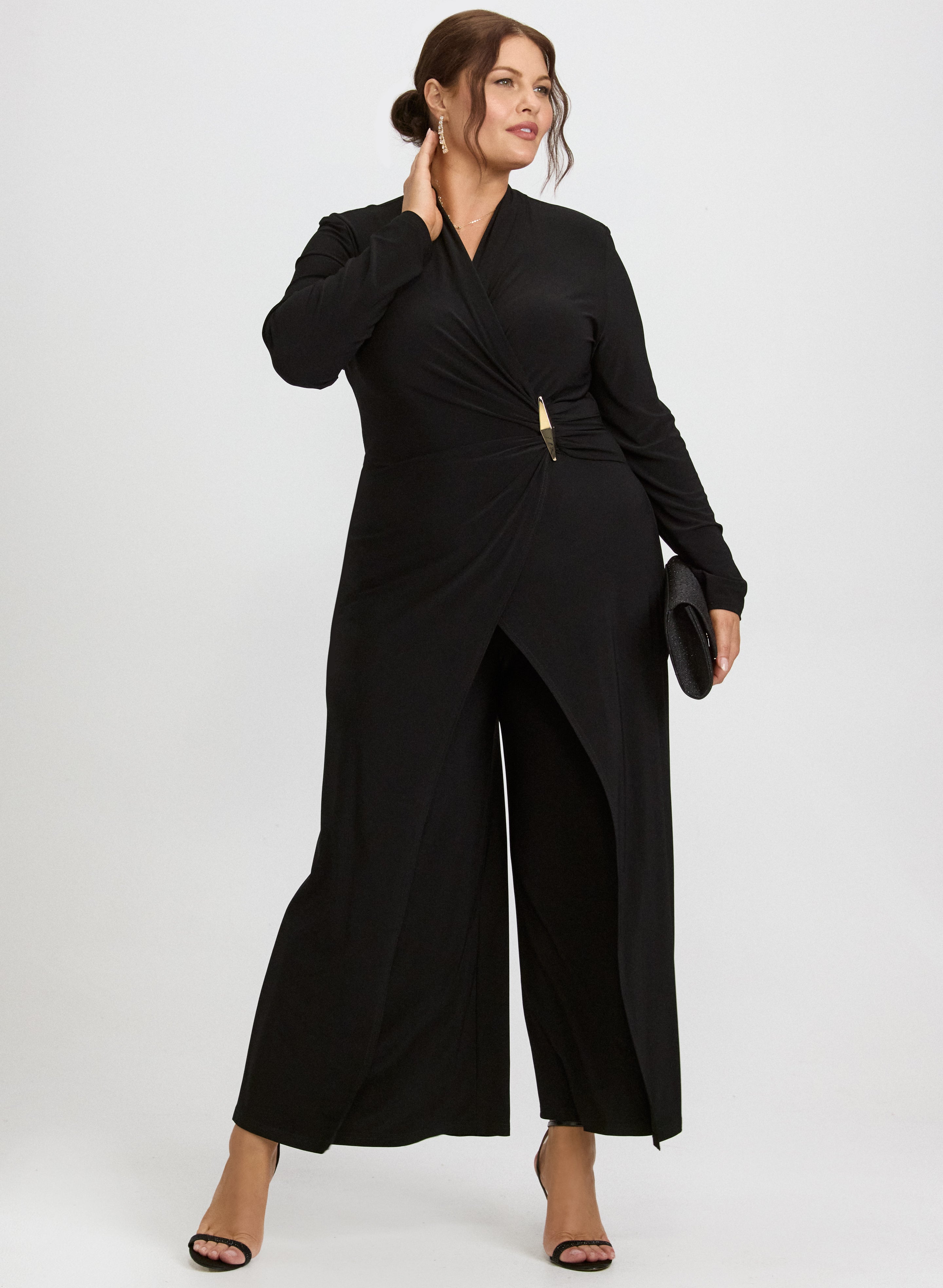 Joseph Ribkoff - Brooch Fastened Faux-Wrap Jumpsuit