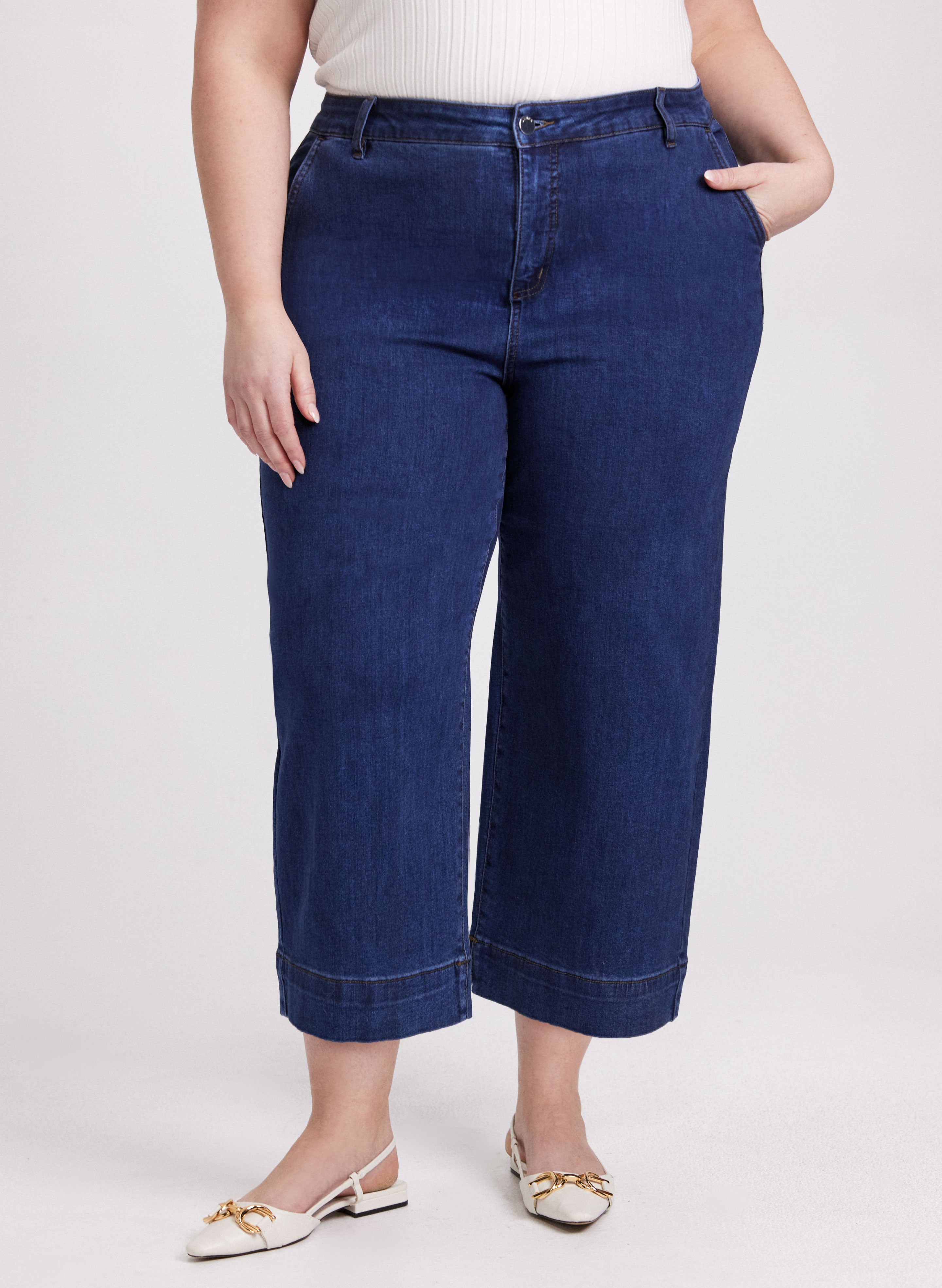 【Anyone more】Cardin Black Blue Washing Wide Denim Pants Wide-Leg Capri Jeans