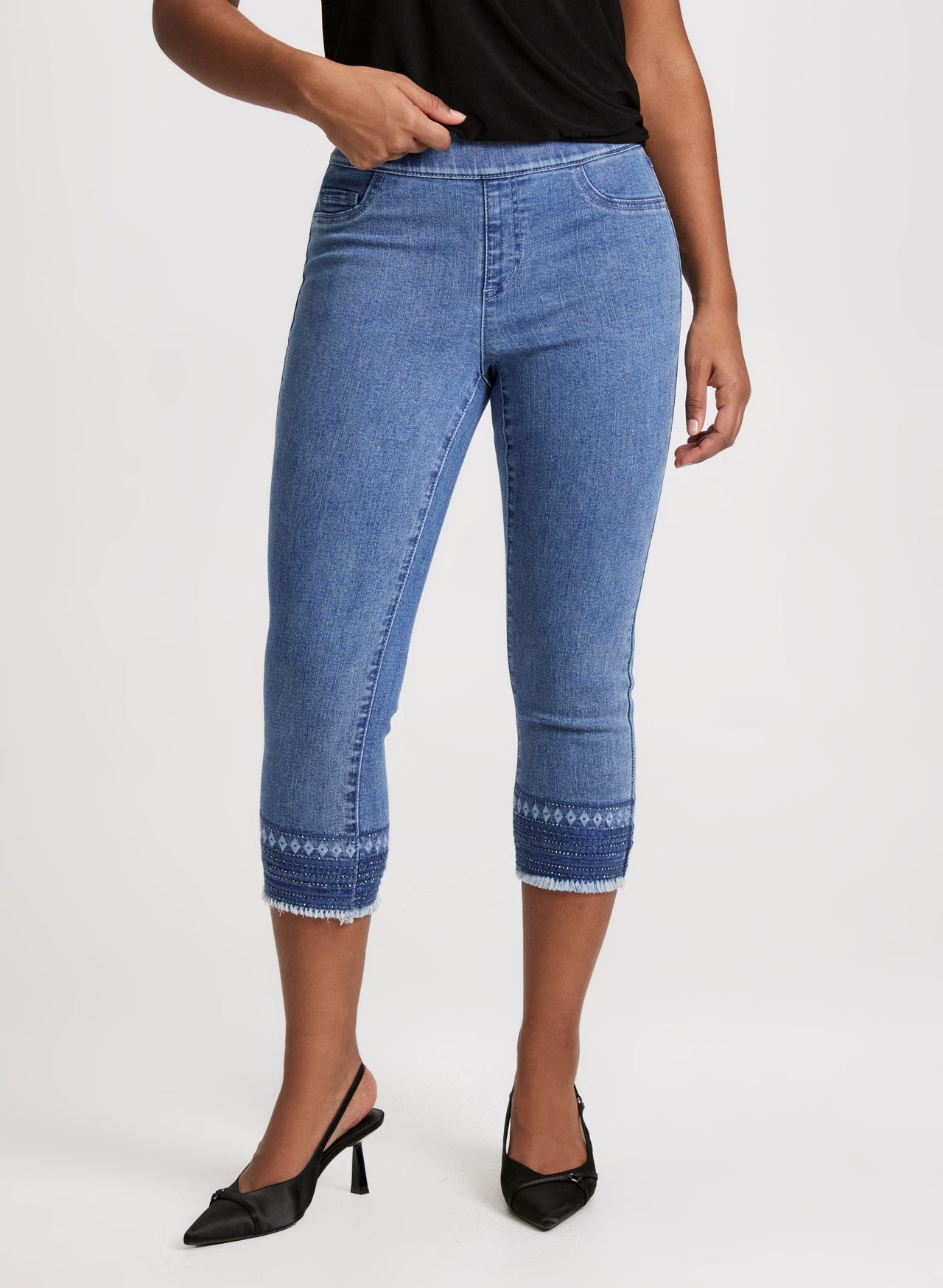 Stretch Straight Crop Pull-On Jeans with Beading