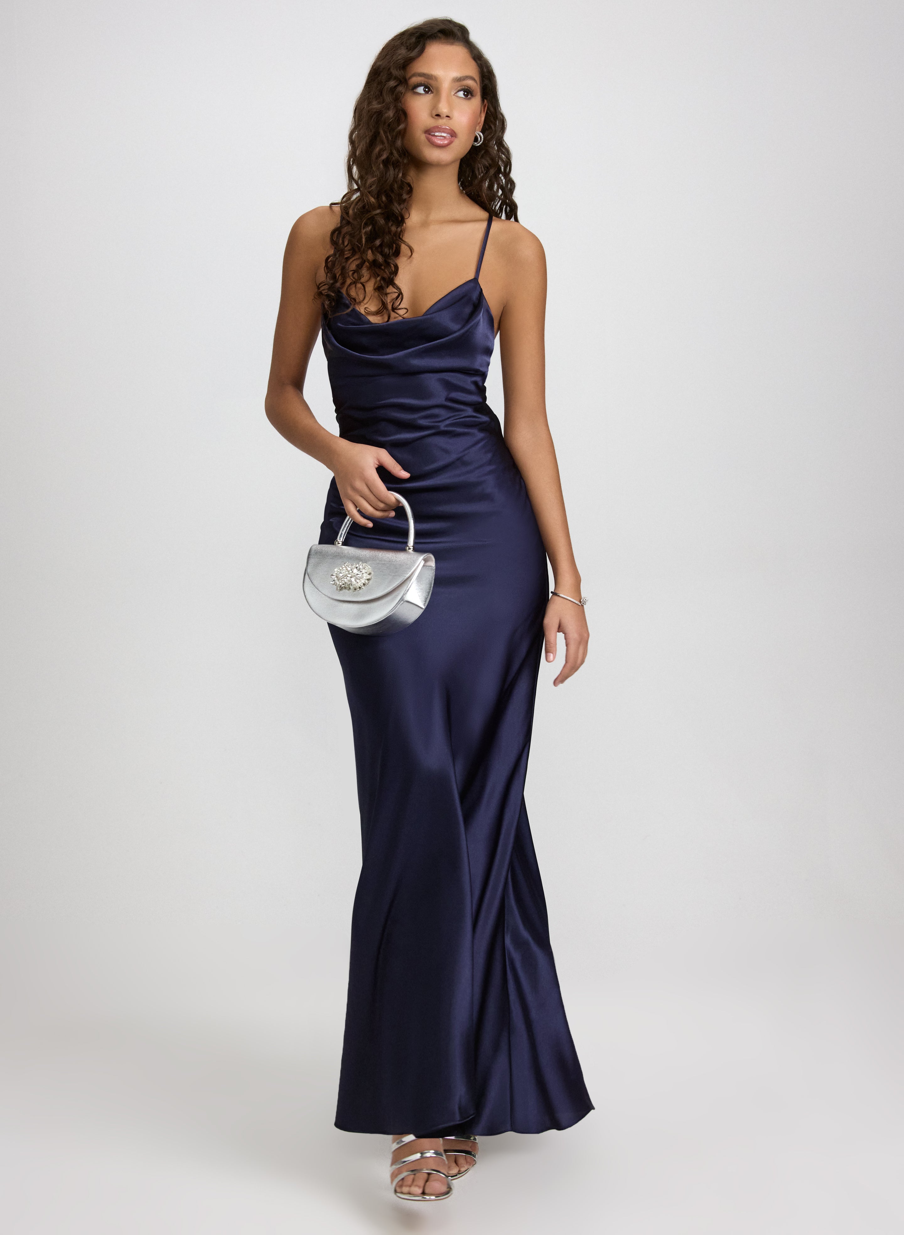 sachin and babi light blue dress Alesso Black Satin Cowl-Neck Slip-Maxi Dress – Club L London