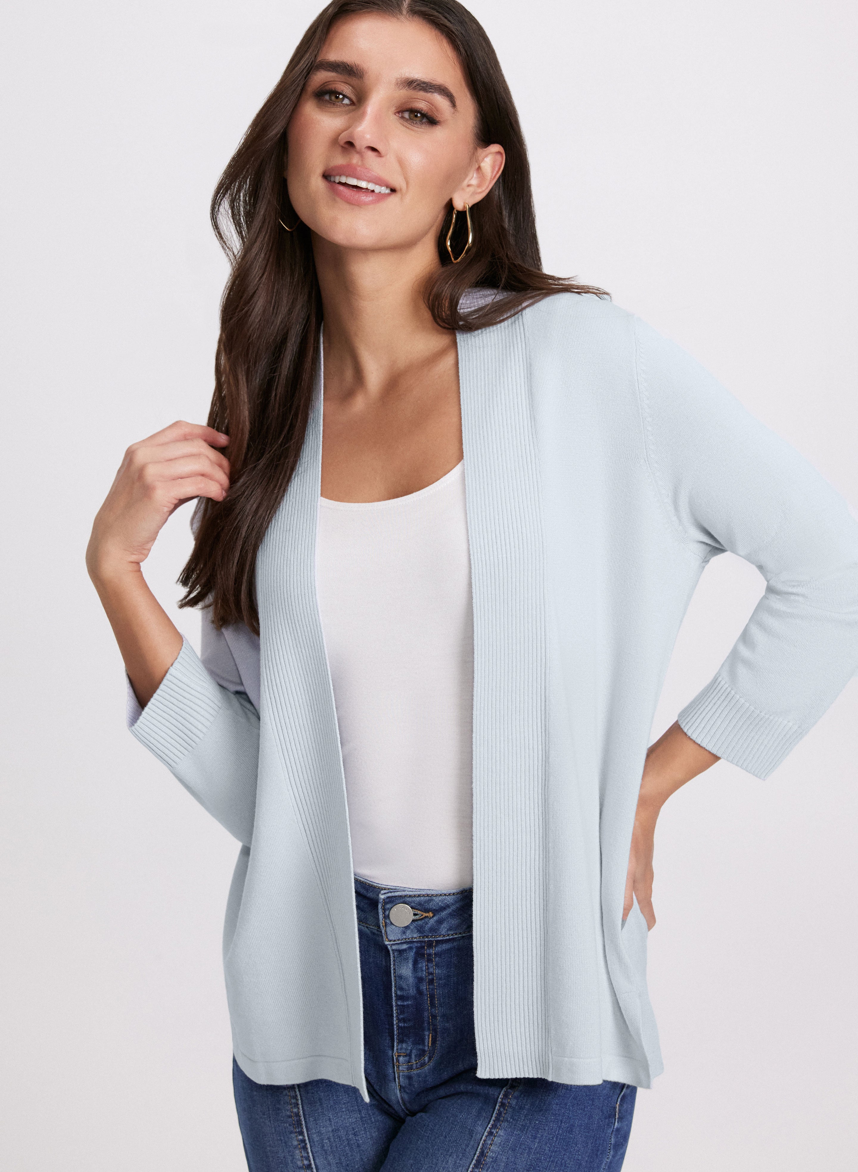 Ribbed Trim Open-Front Cardigan