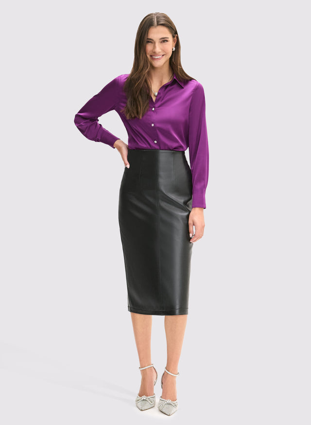 Satin Button-Down Collared Blouse - Dusty Navy