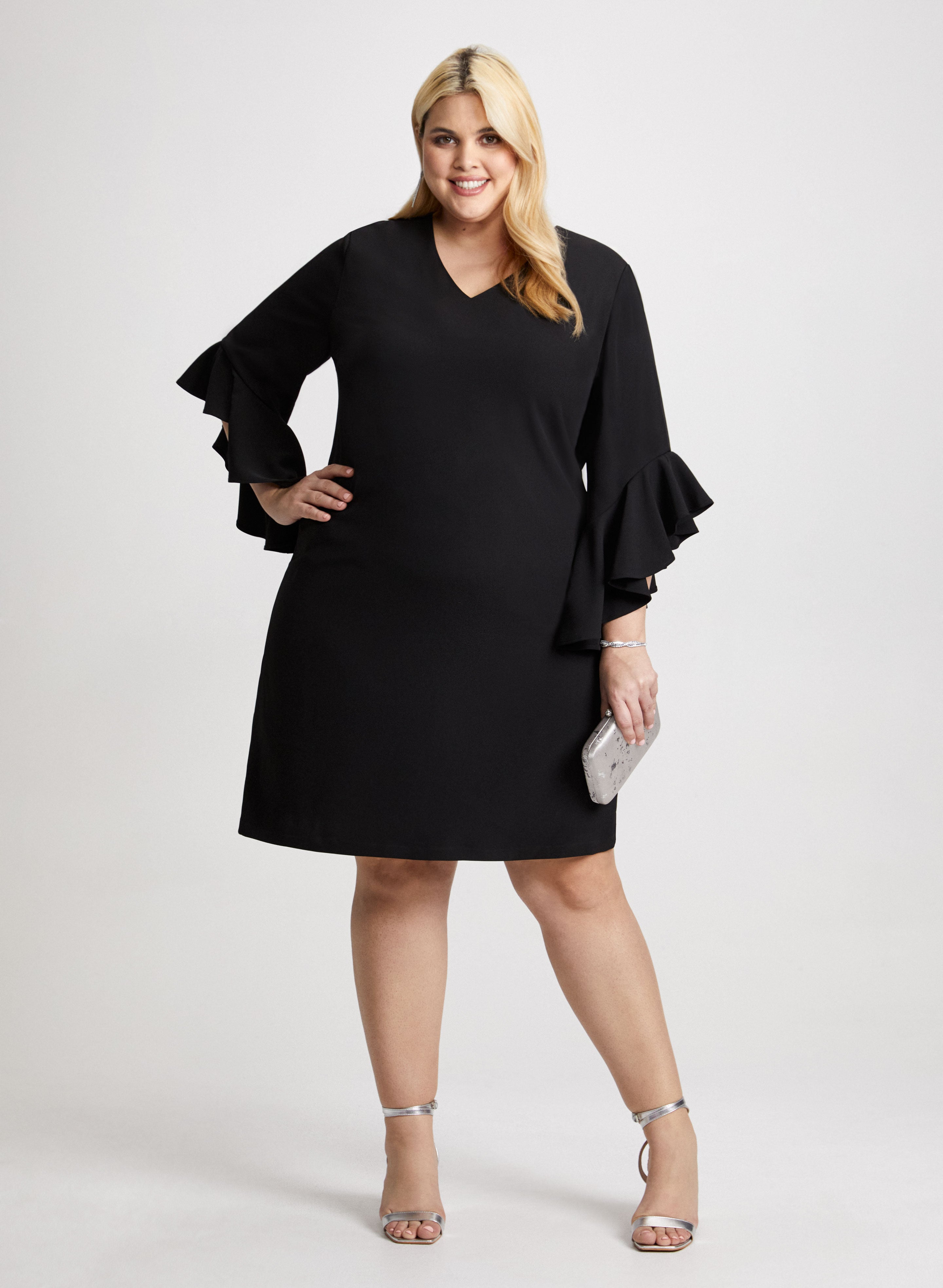 Laura Plus Women s Polyester Spandex Ruffled Bell Sleeve Dress in Black Size 22