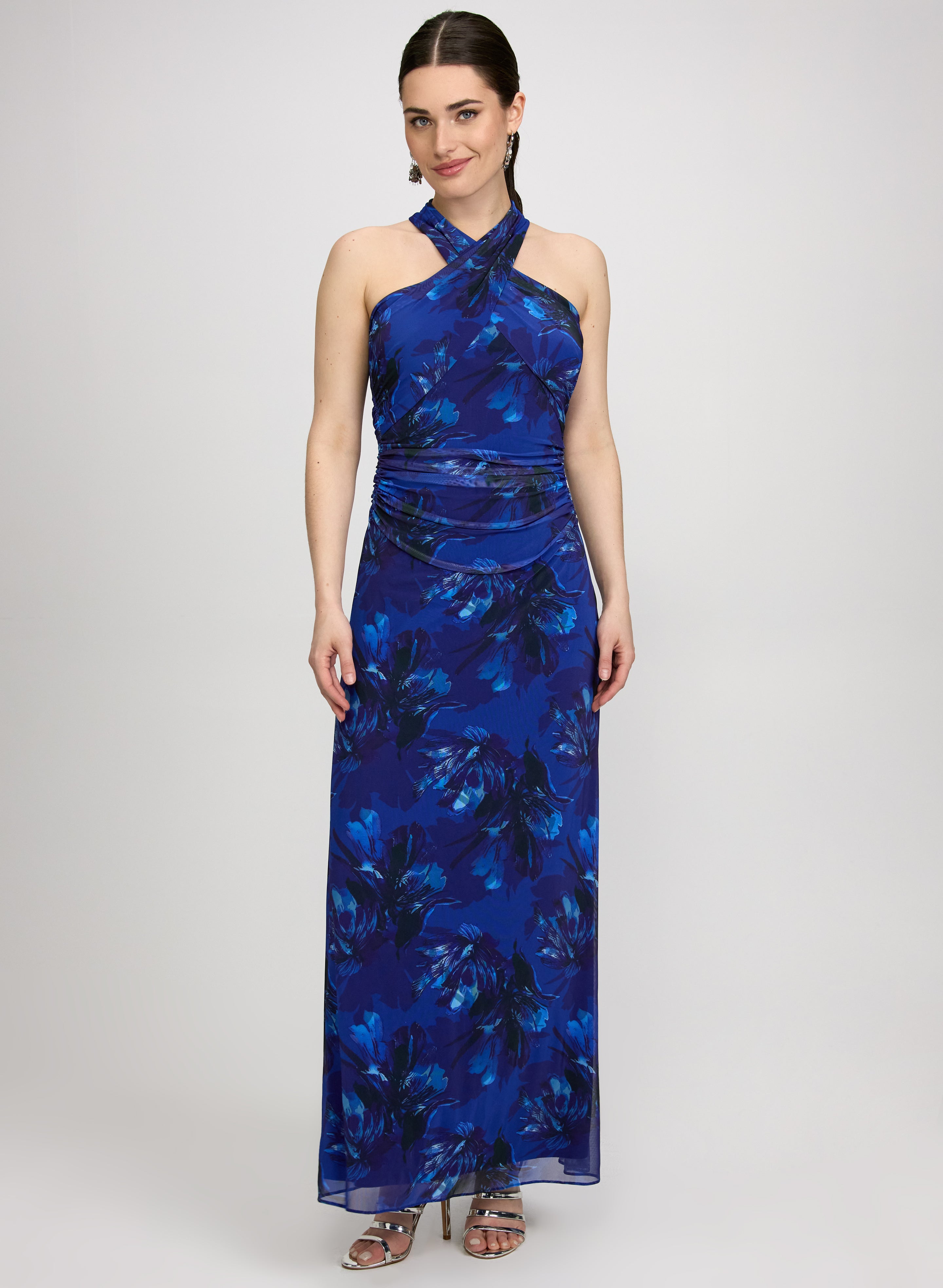 blue floral corset prom dress Floral Print Mesh Dress