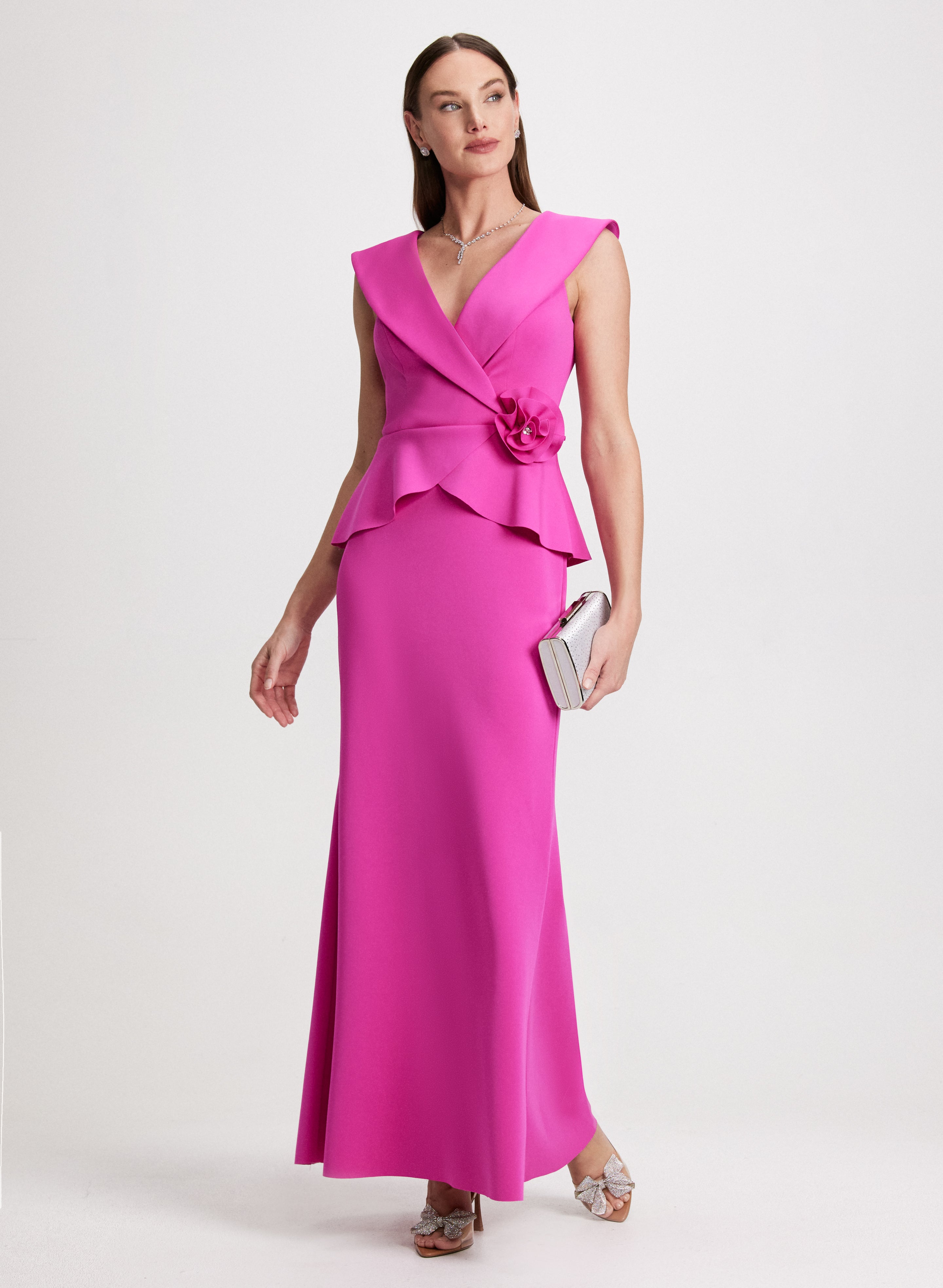 Rosette & Tuxedo Collar Evening Dress