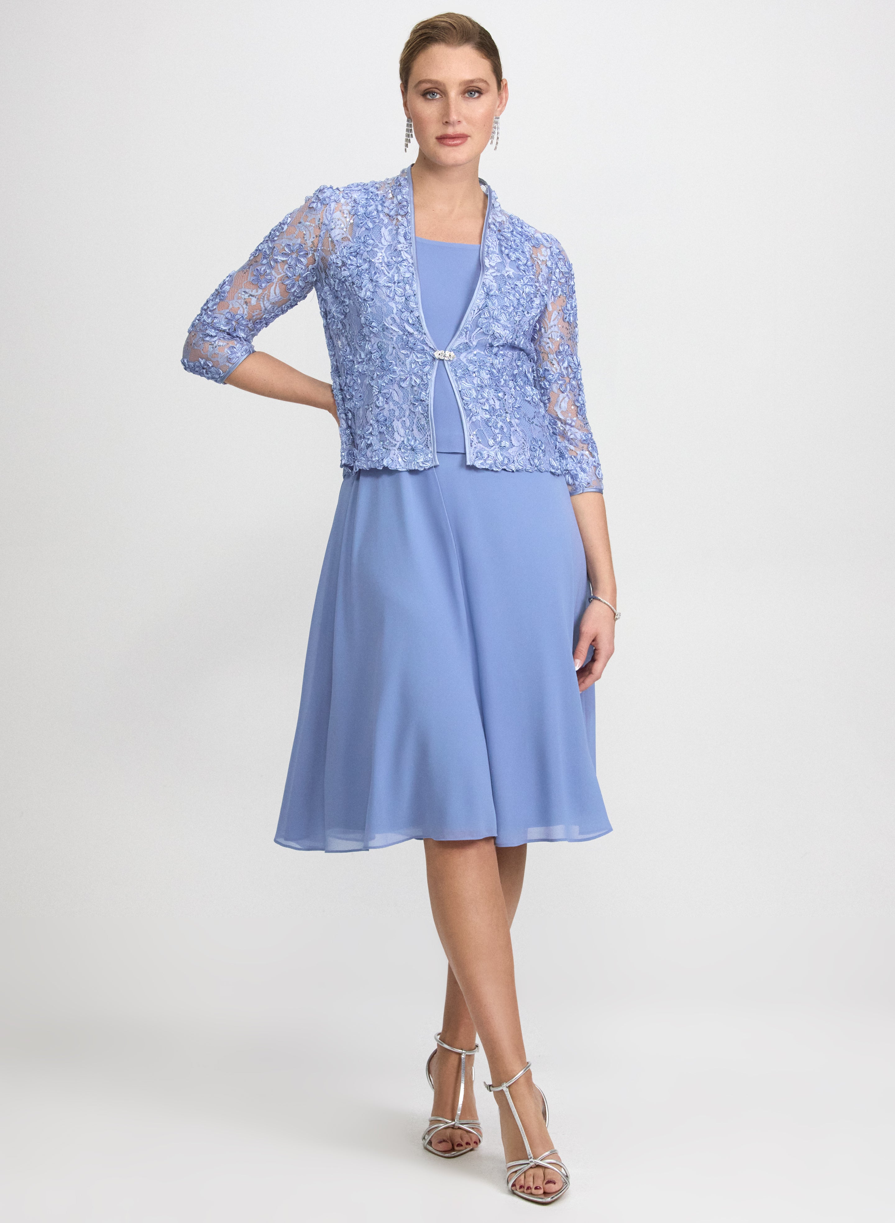 chiffon dress and jacket set Women's Robbie Bee 2-Piece Chiffon Jacket & Dress Set, Size: 6, Purple Navy