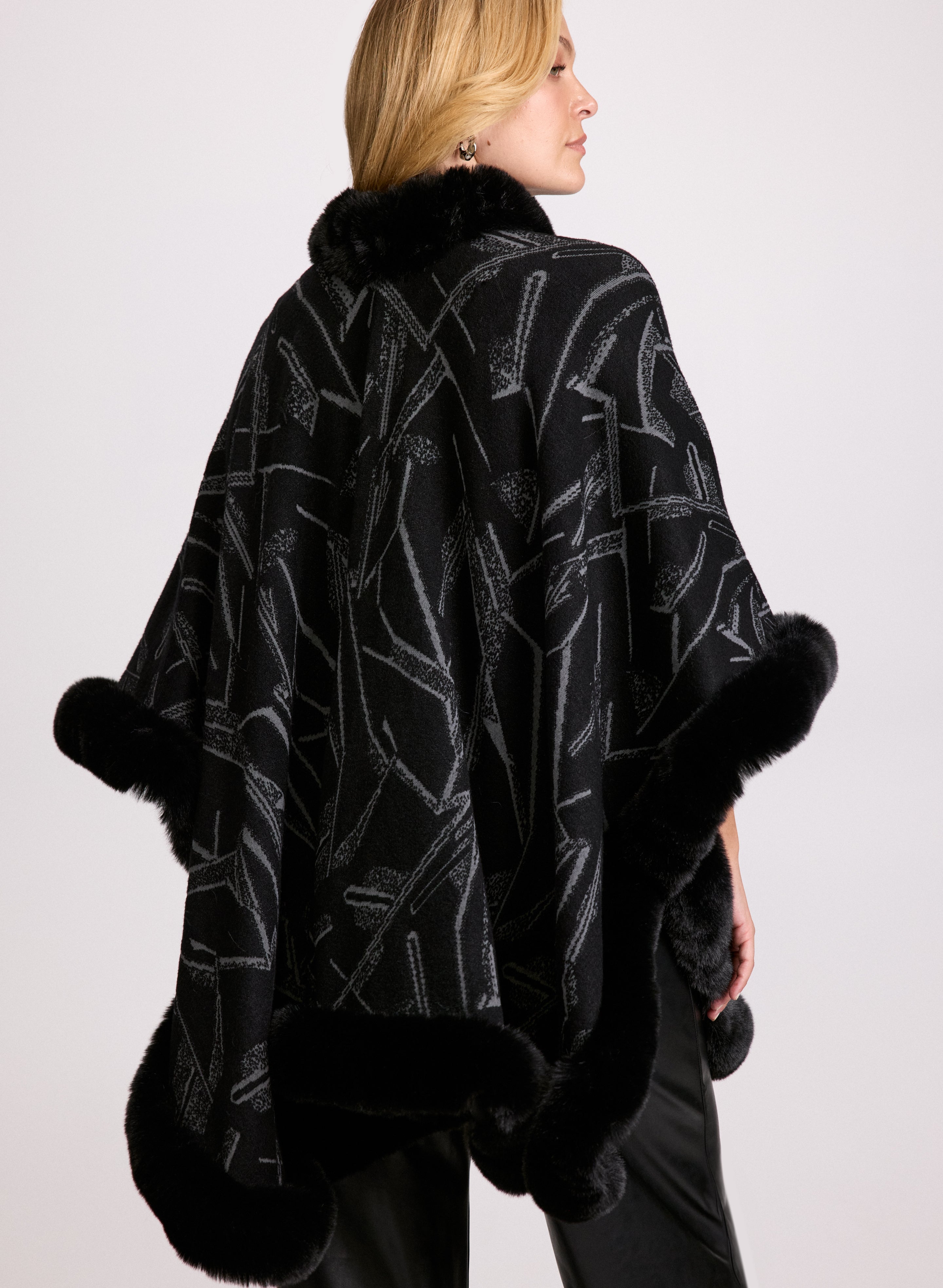 Abstract Faux Fur Trim Poncho