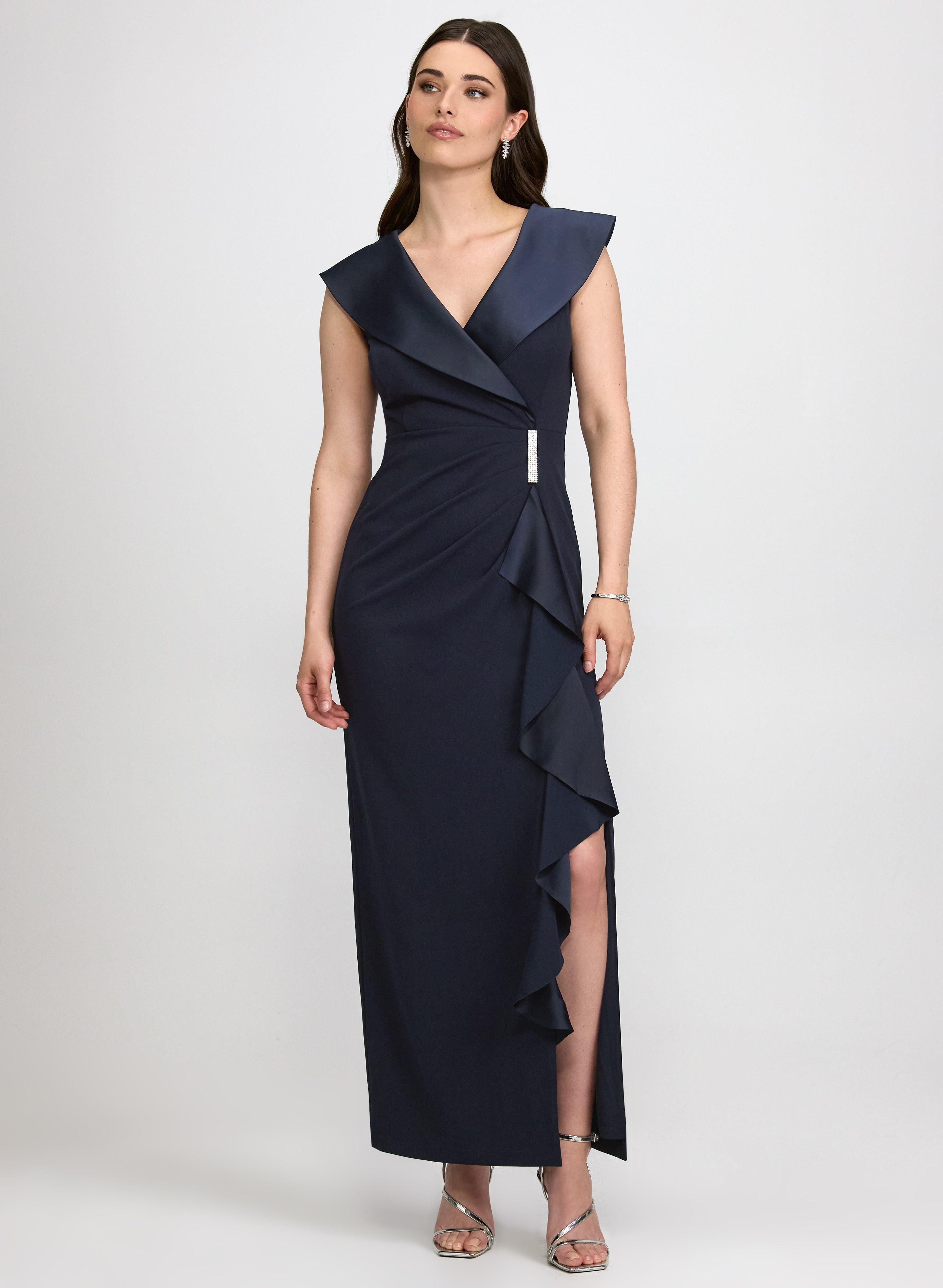 marine blue dress Satin Tuxedo Collar 2026 release Size:XL-6T Shirred Long Sleeve Mini