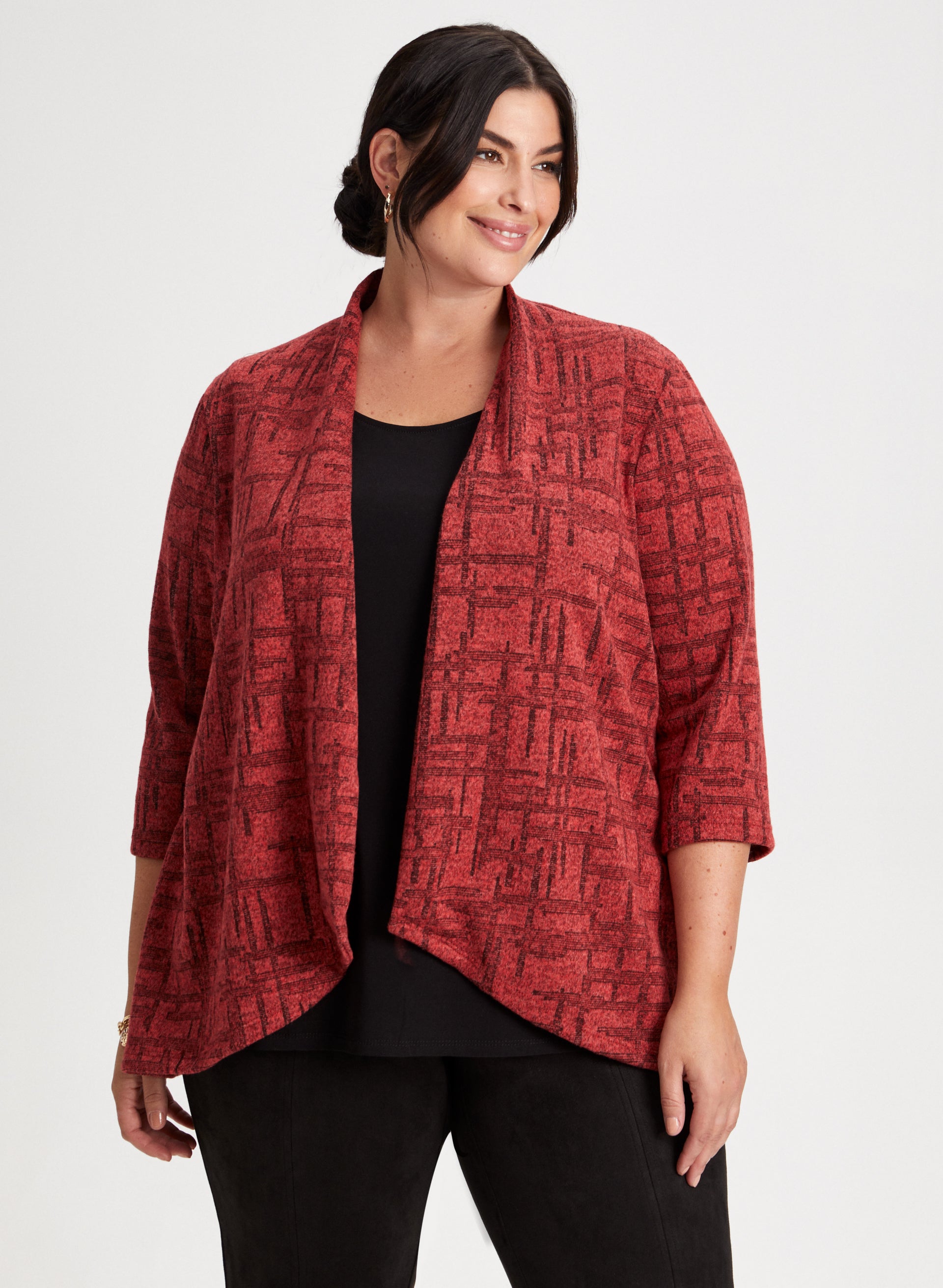 Grid Motif Open Front Cardigan