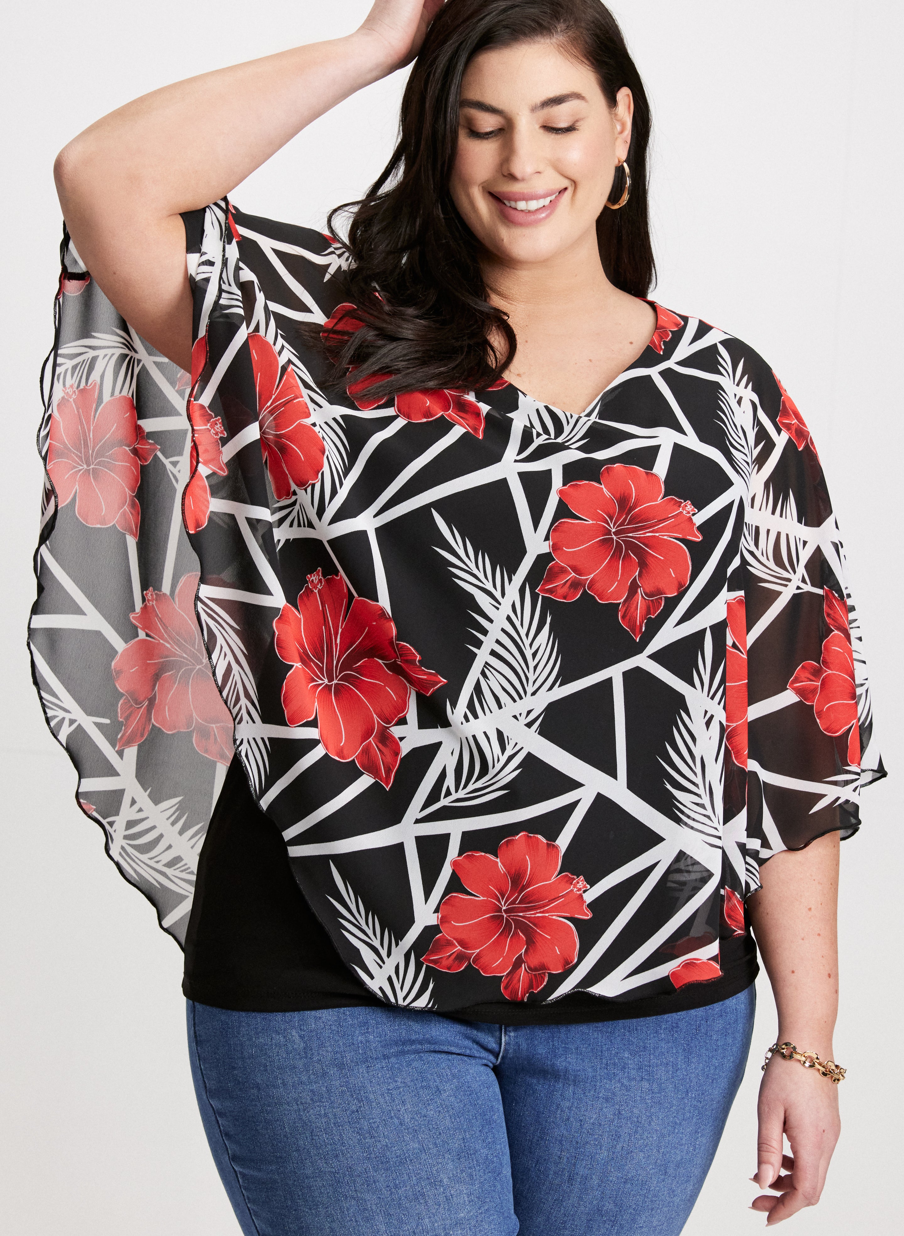 3/4 Sleeve Floral Poncho