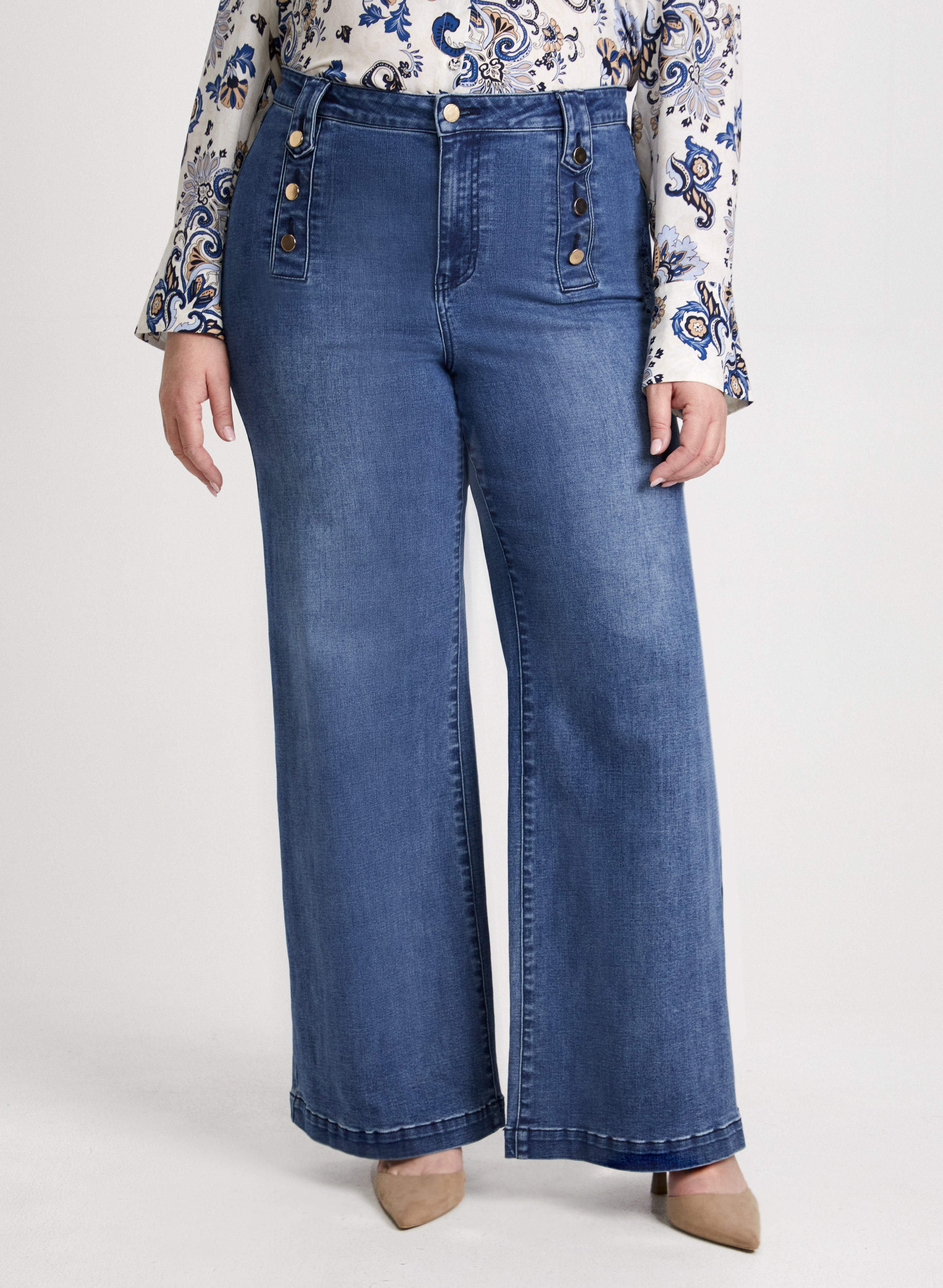 Button Detail Wide Leg Jeans