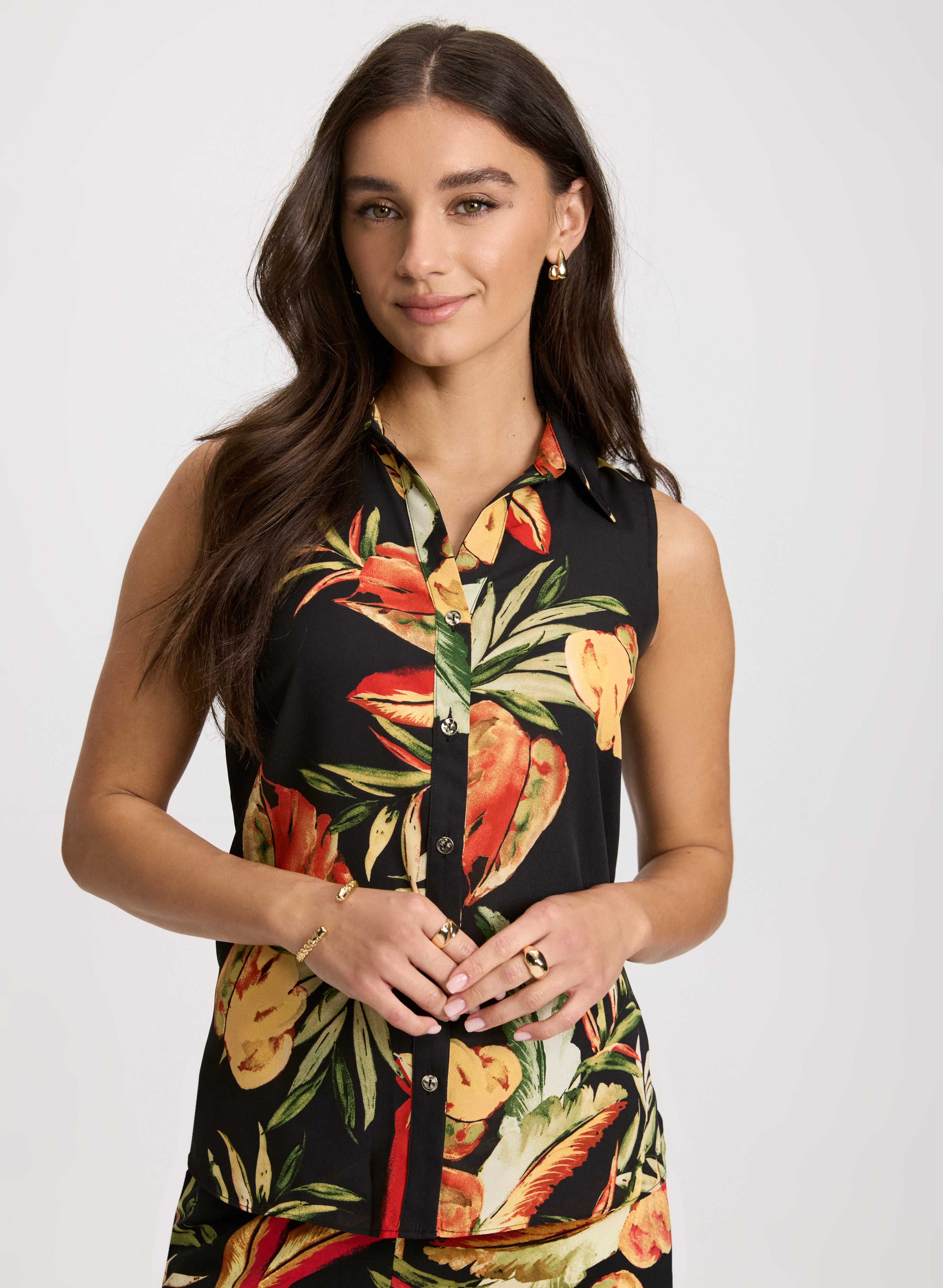 Sleeveless Leaf Print Blouse