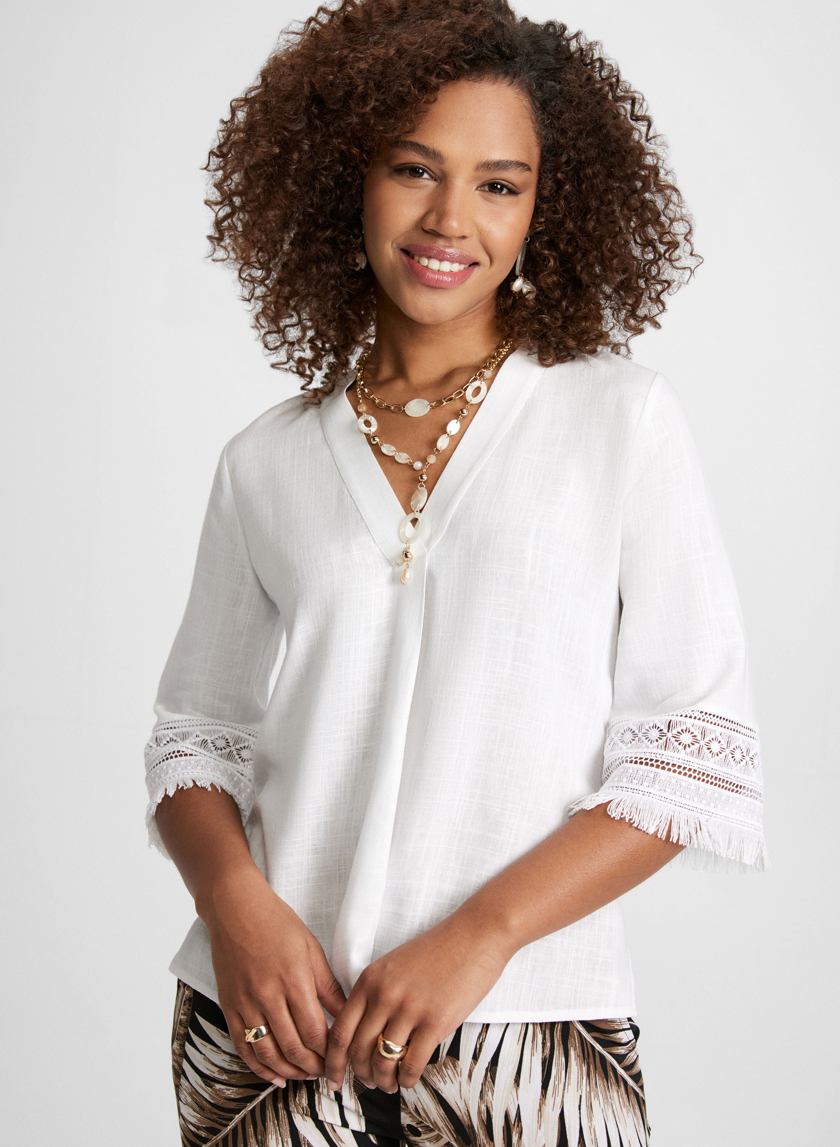 Embroidered Fringe Sleeve Linen Blouse