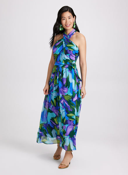 【Threetimes】 Ann halter dress Women's Bohemian Blue Floral Halter Maxi Dress | LOVESTITCH