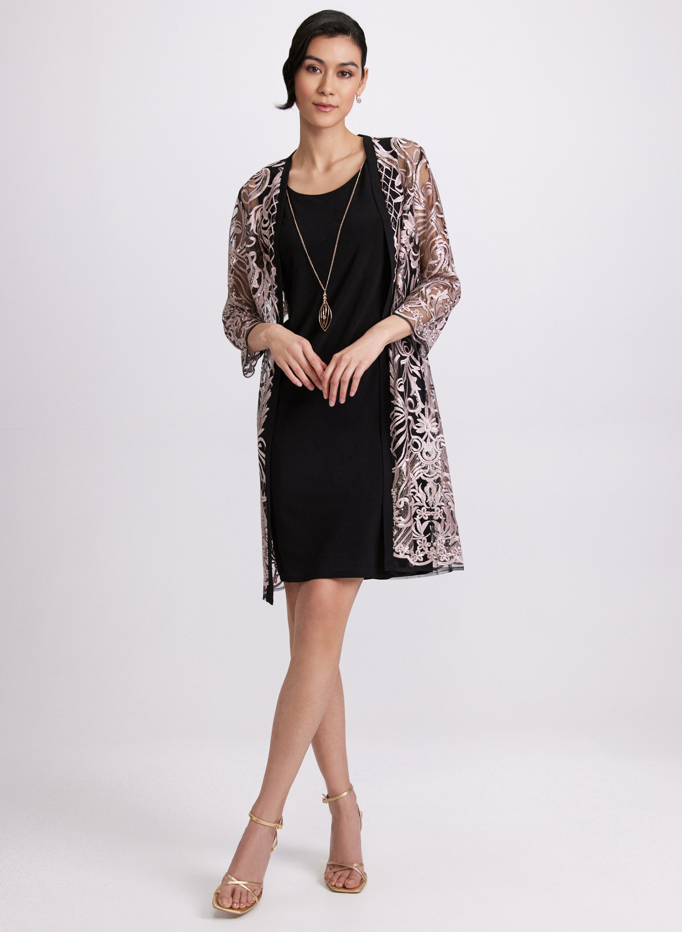 a-line dress with embroidered lace jacket product info and reviews Embroidered Floral Formal Jacket Dress Two Piece Wedding Mother Of The Groom Tea Length Gray Pink Classic Midi Long Sleeve Over 50, Purple / S