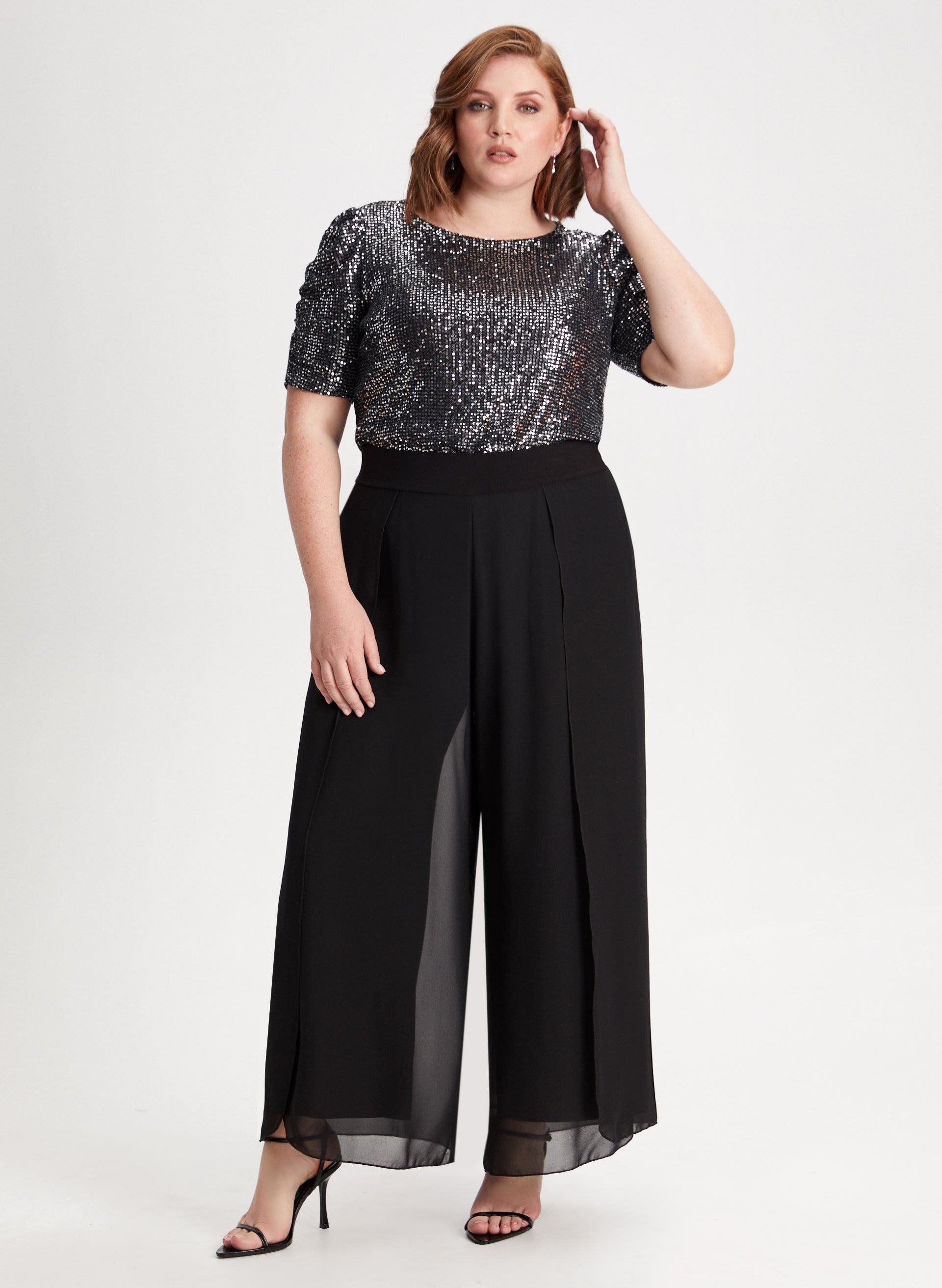 Gold Sequined Pistachio Green Chiffon Wide Leg Pants