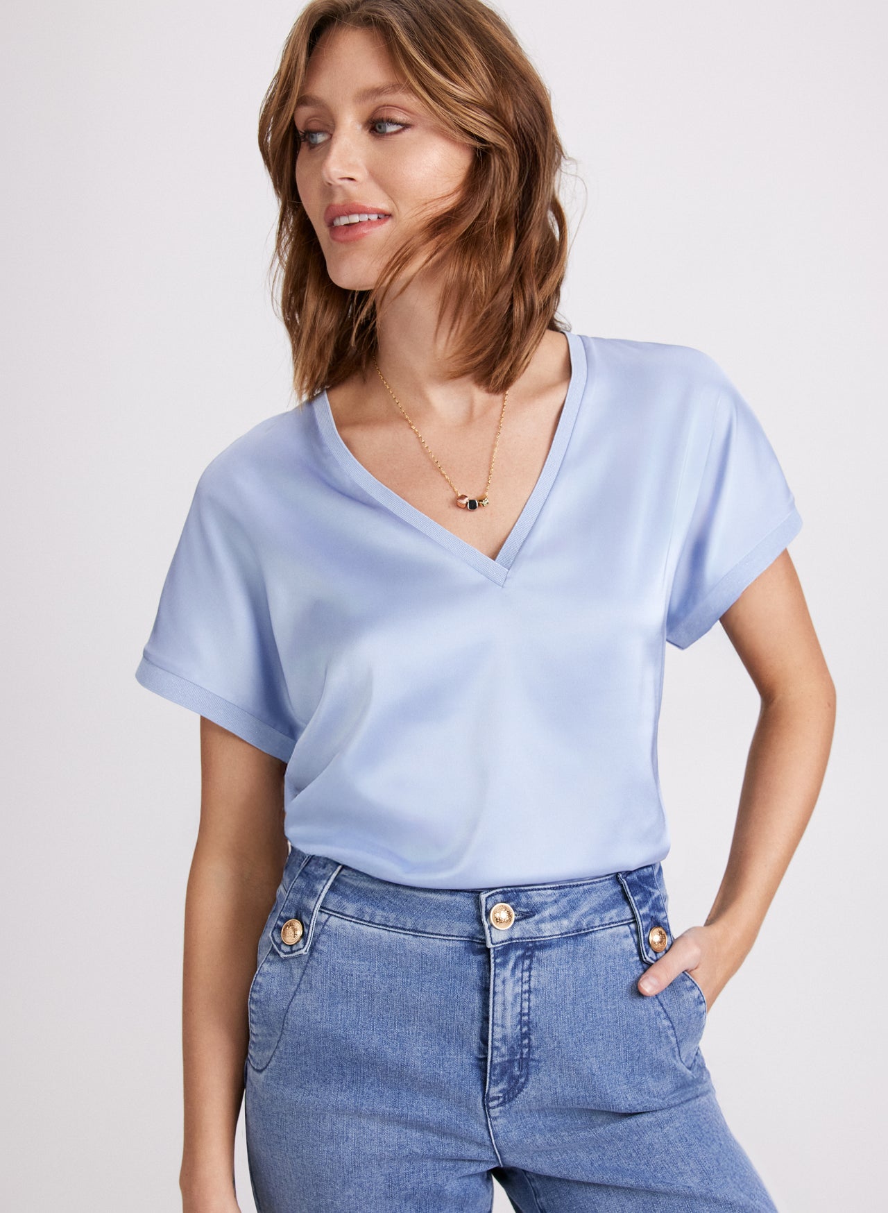 Satin V Neck 2 In 1 Layered Blouse