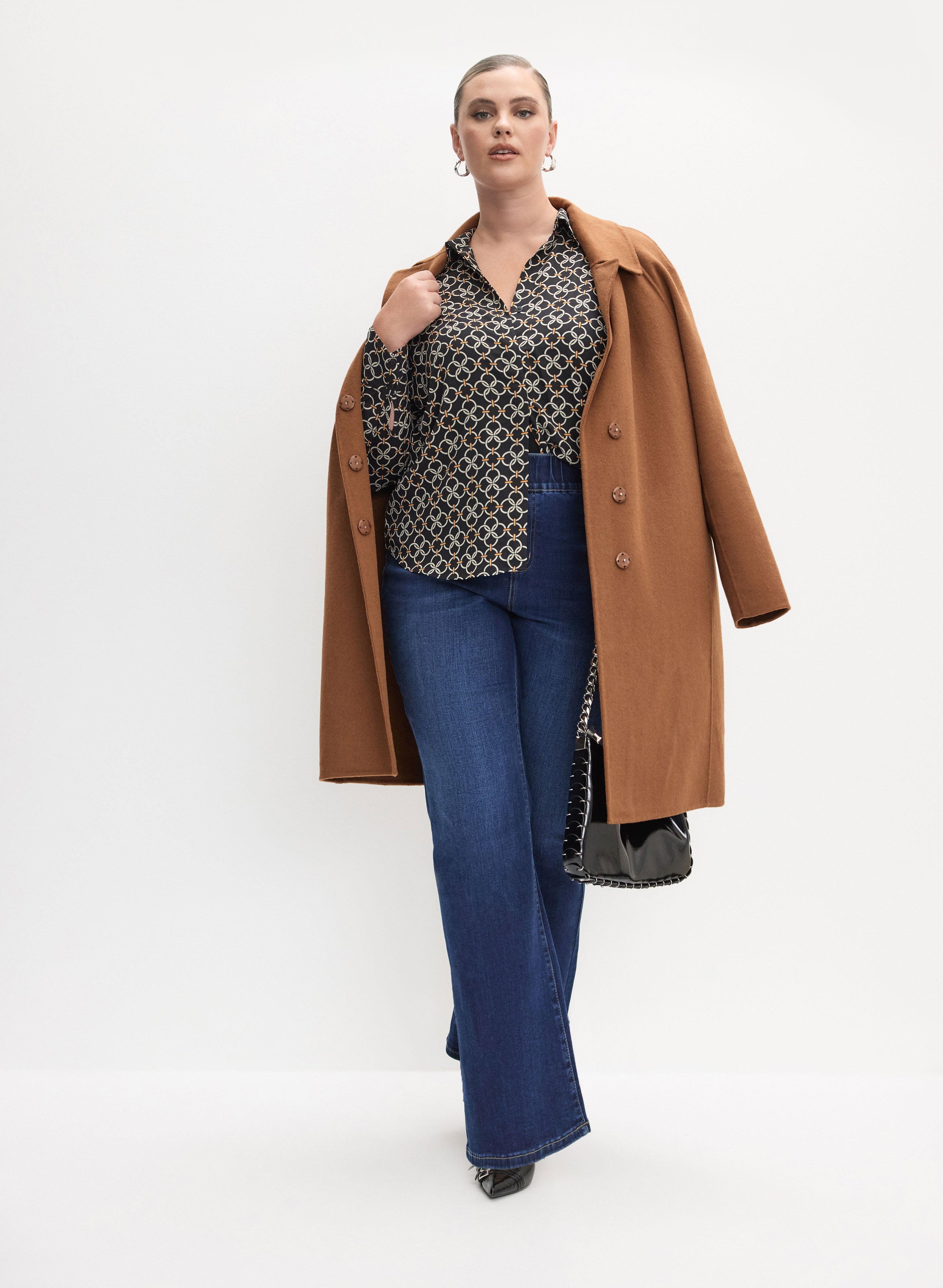 Notch Collar Wool-Blend Coat & Pull-On Flare-Leg Jeans