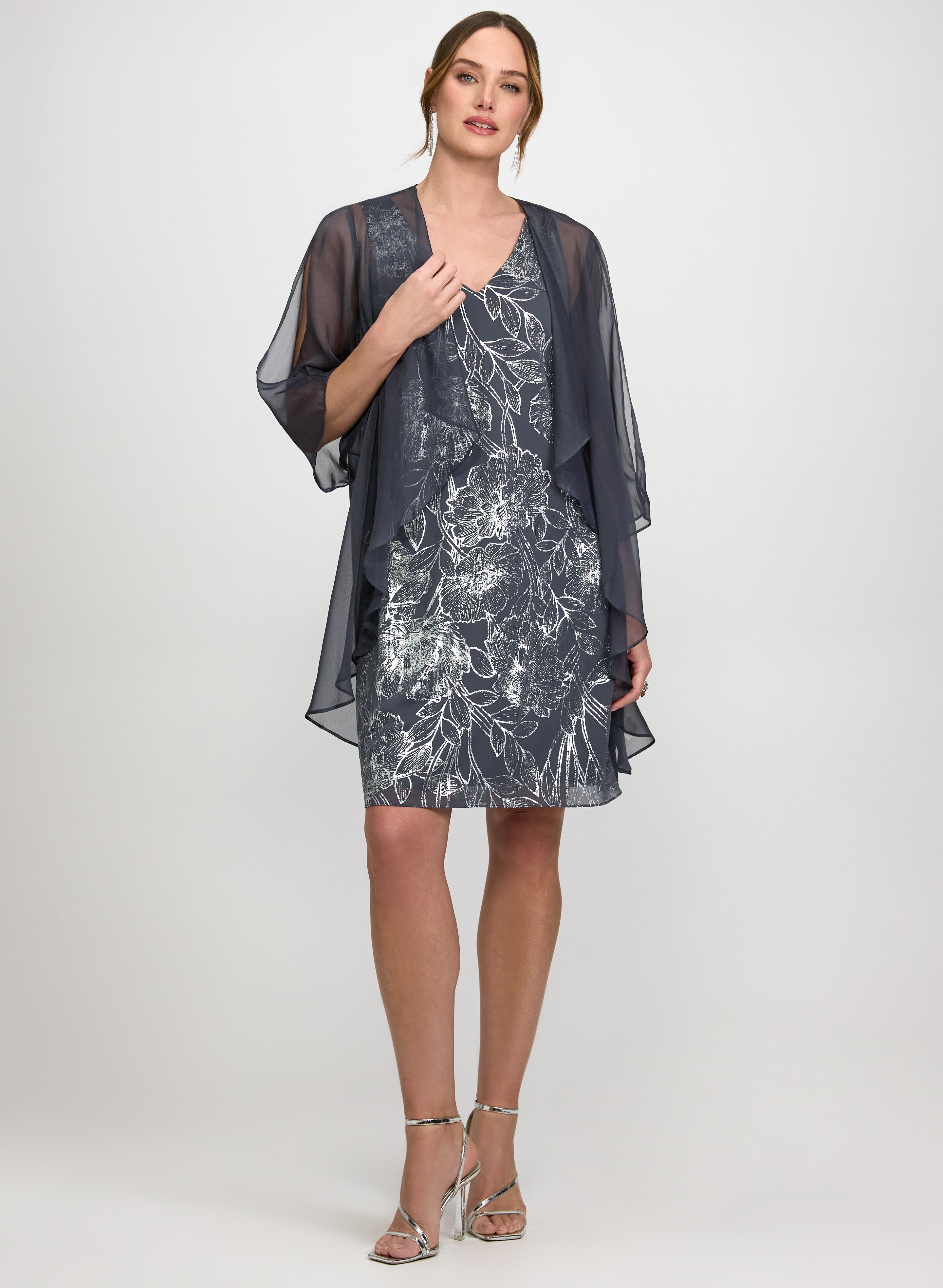 silver grey dress and jacket Ashro Elegant Fit-and-Flare Sparkling Jacket Dress with 3/4 Sleeve, Size 24W, Silver