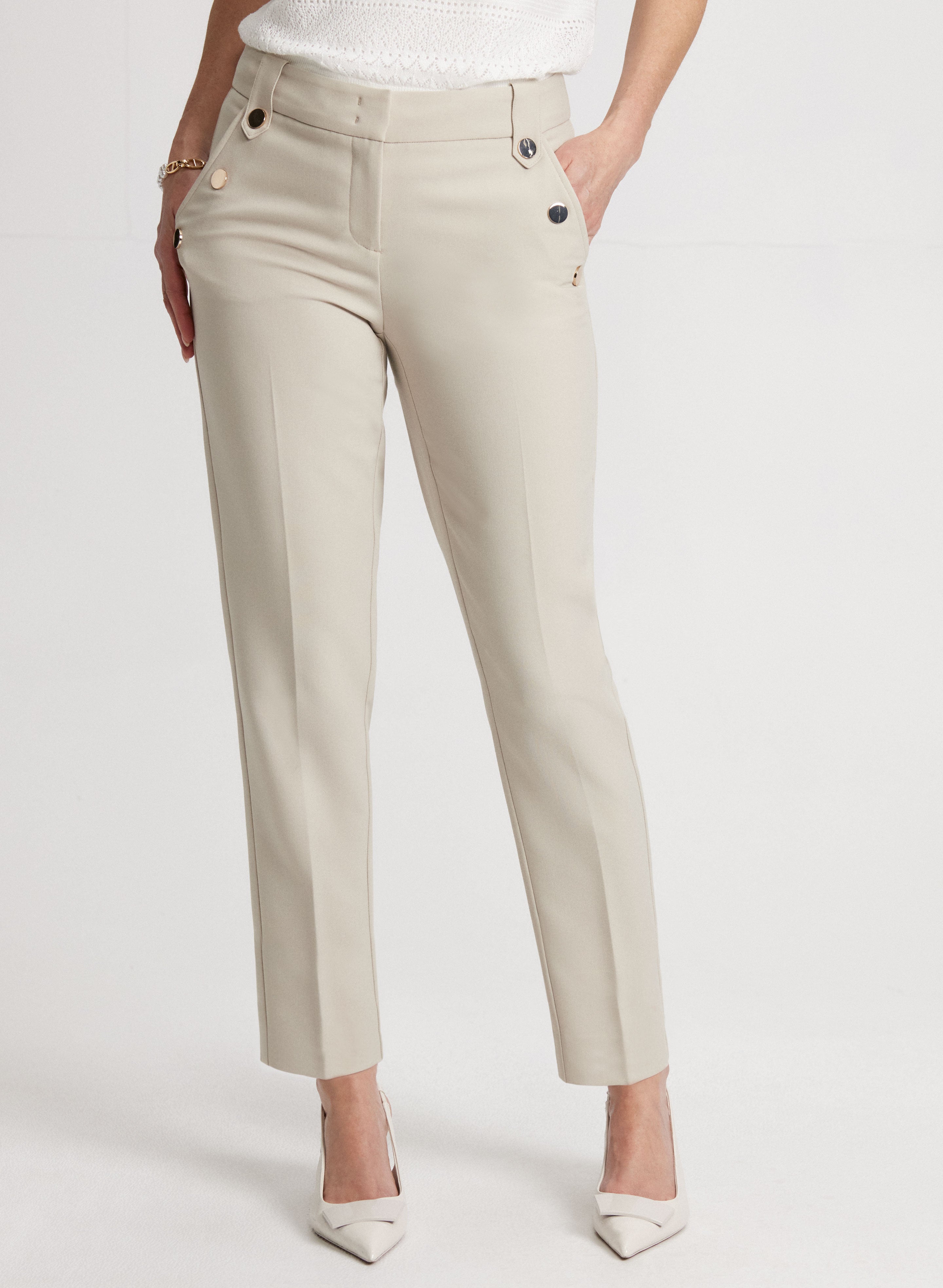 Beige Ankle-length Pants for Women with drawstring Waist and Lace
