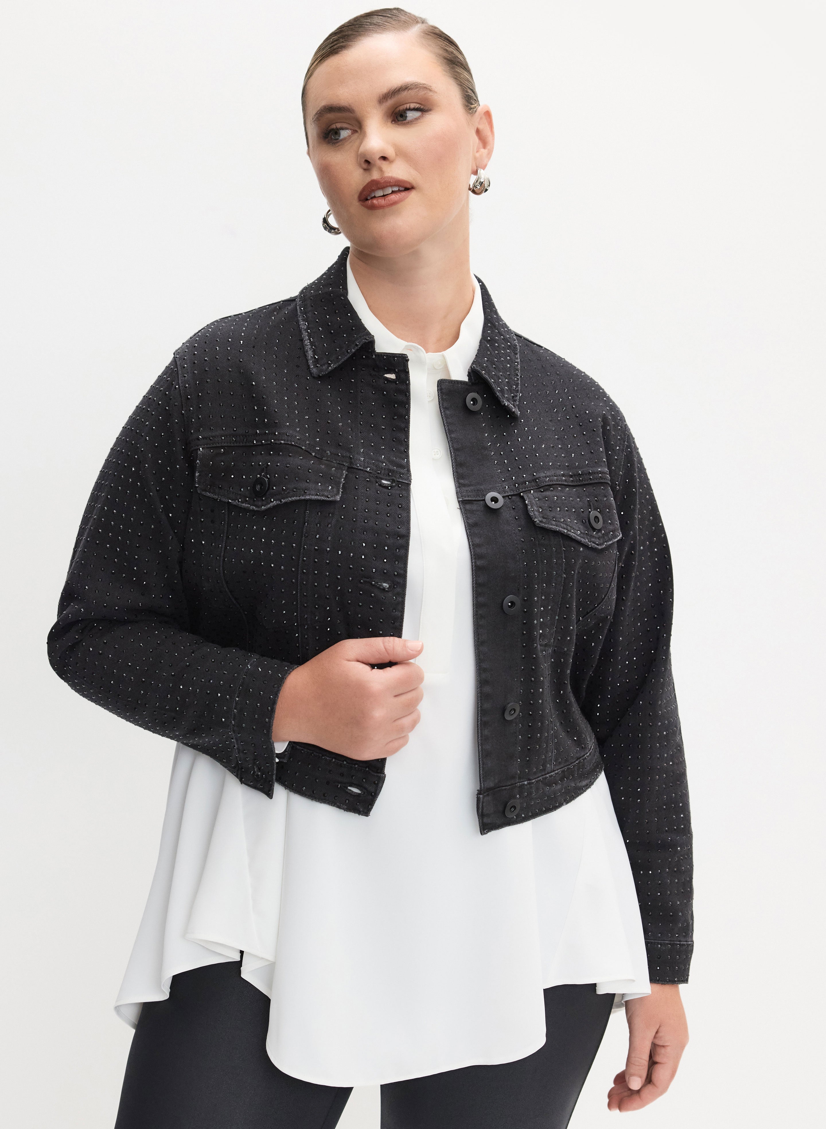 Embellished denim jacket plus size best sale