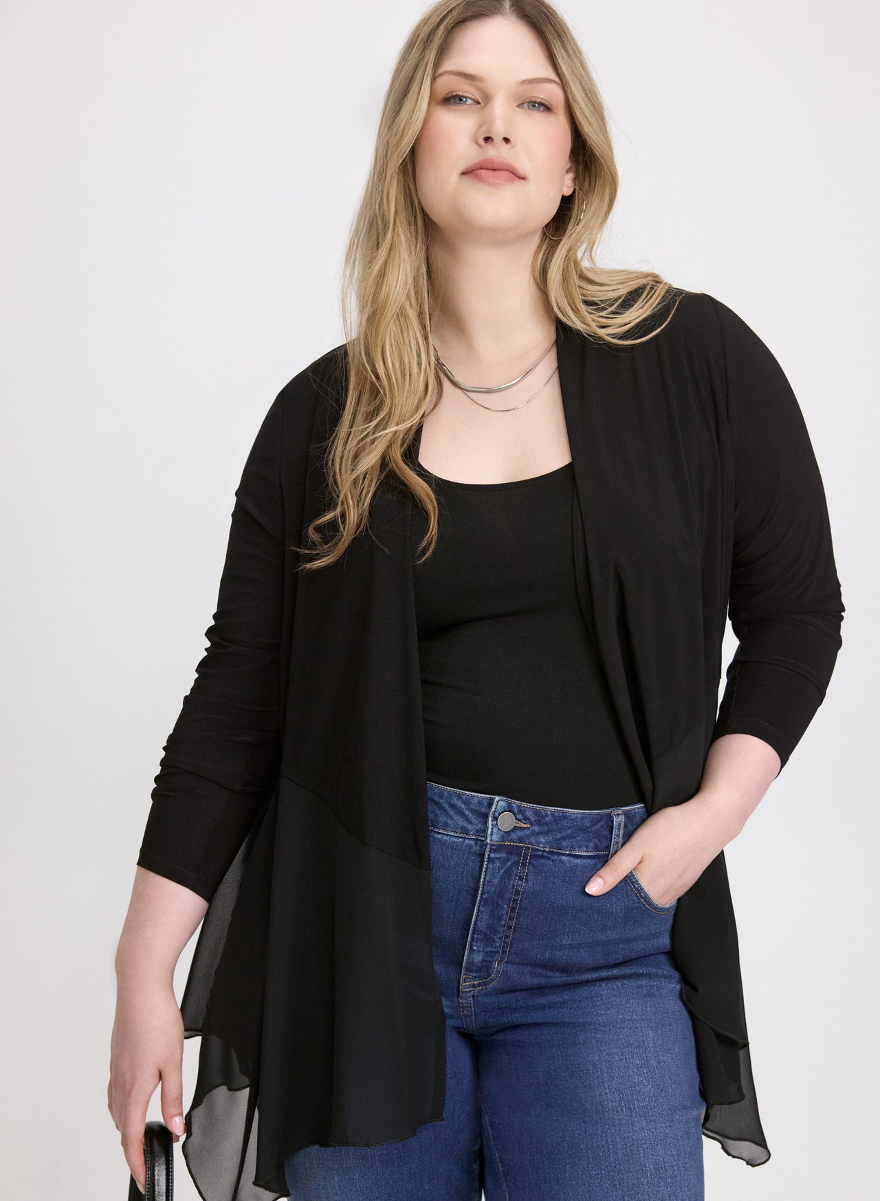 Mesh and Silky Knit Draped Open Front Cover-Up 261204