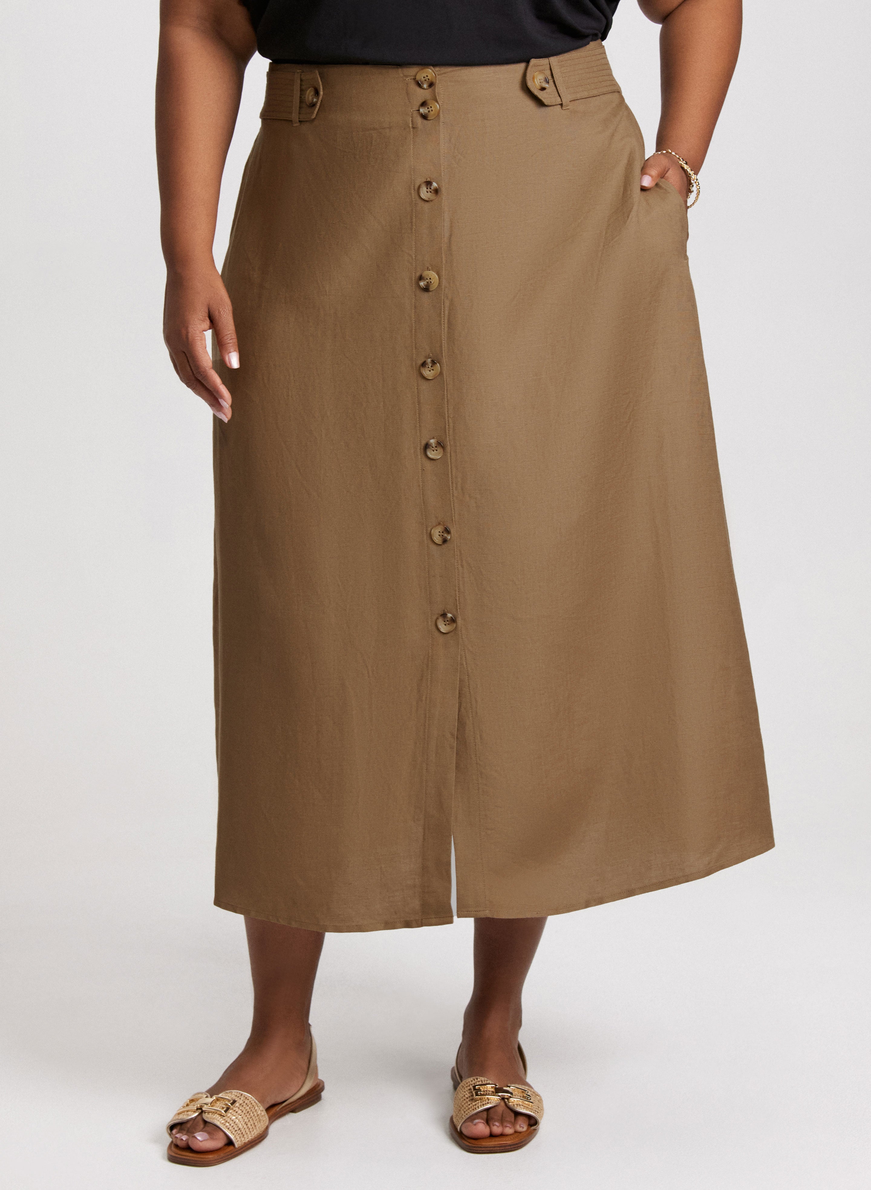 Linen Blend Buttoned Midi Skirt