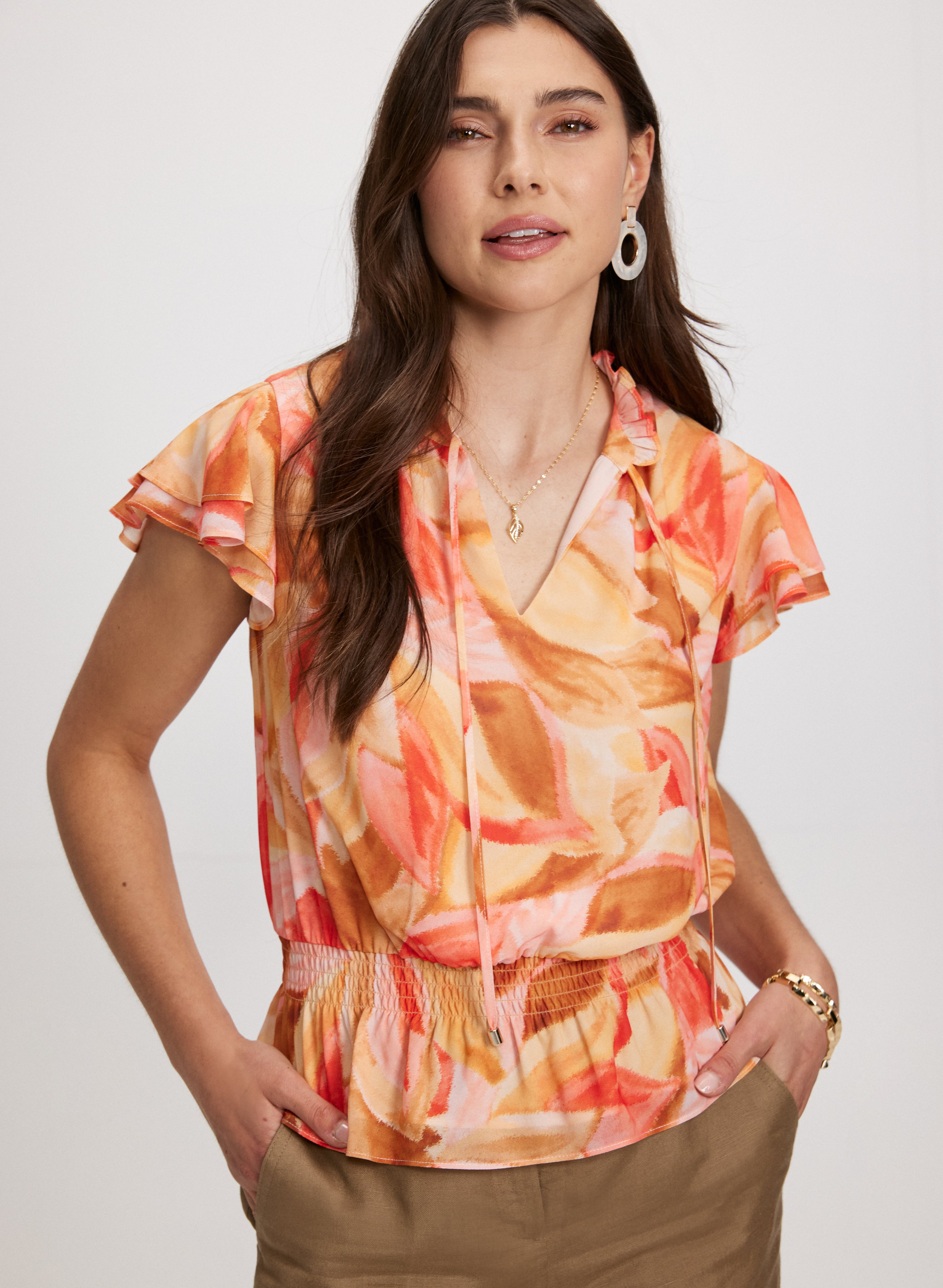 Tropical Print Tiered Sleeve Blouse