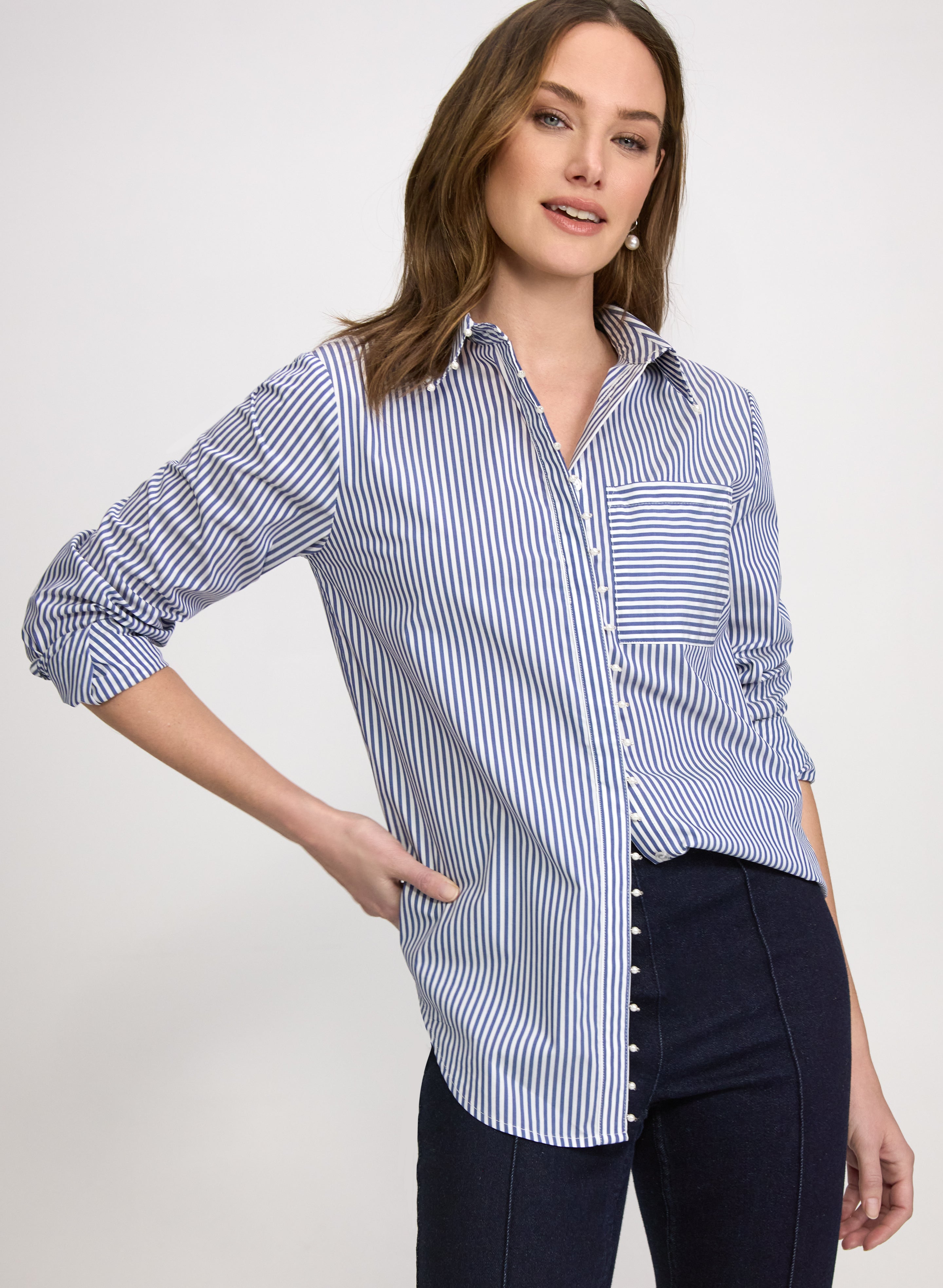 Stripe Pearl Trim Blouse