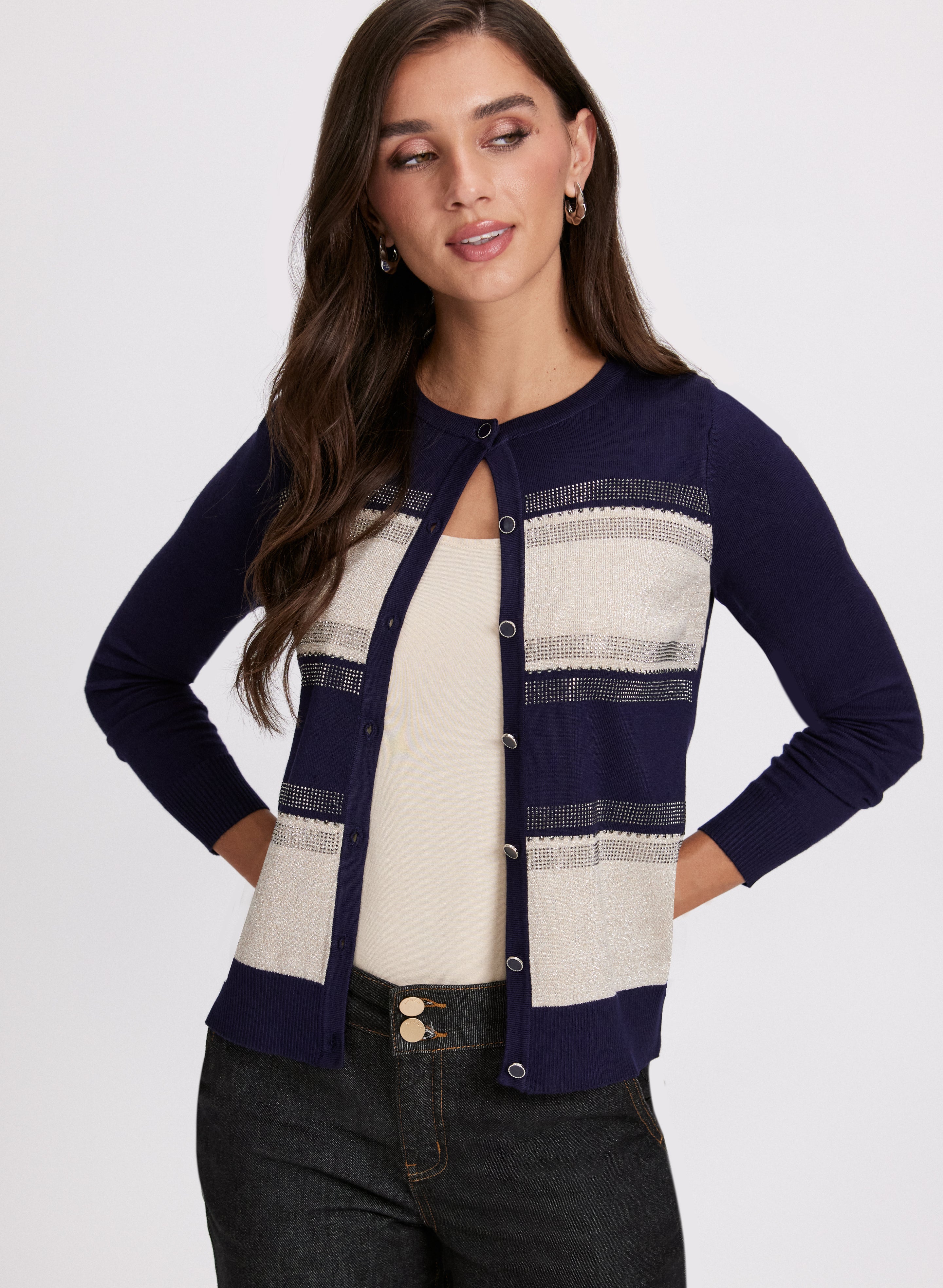 Stripe Print Rhinestone Embellished Cardigan