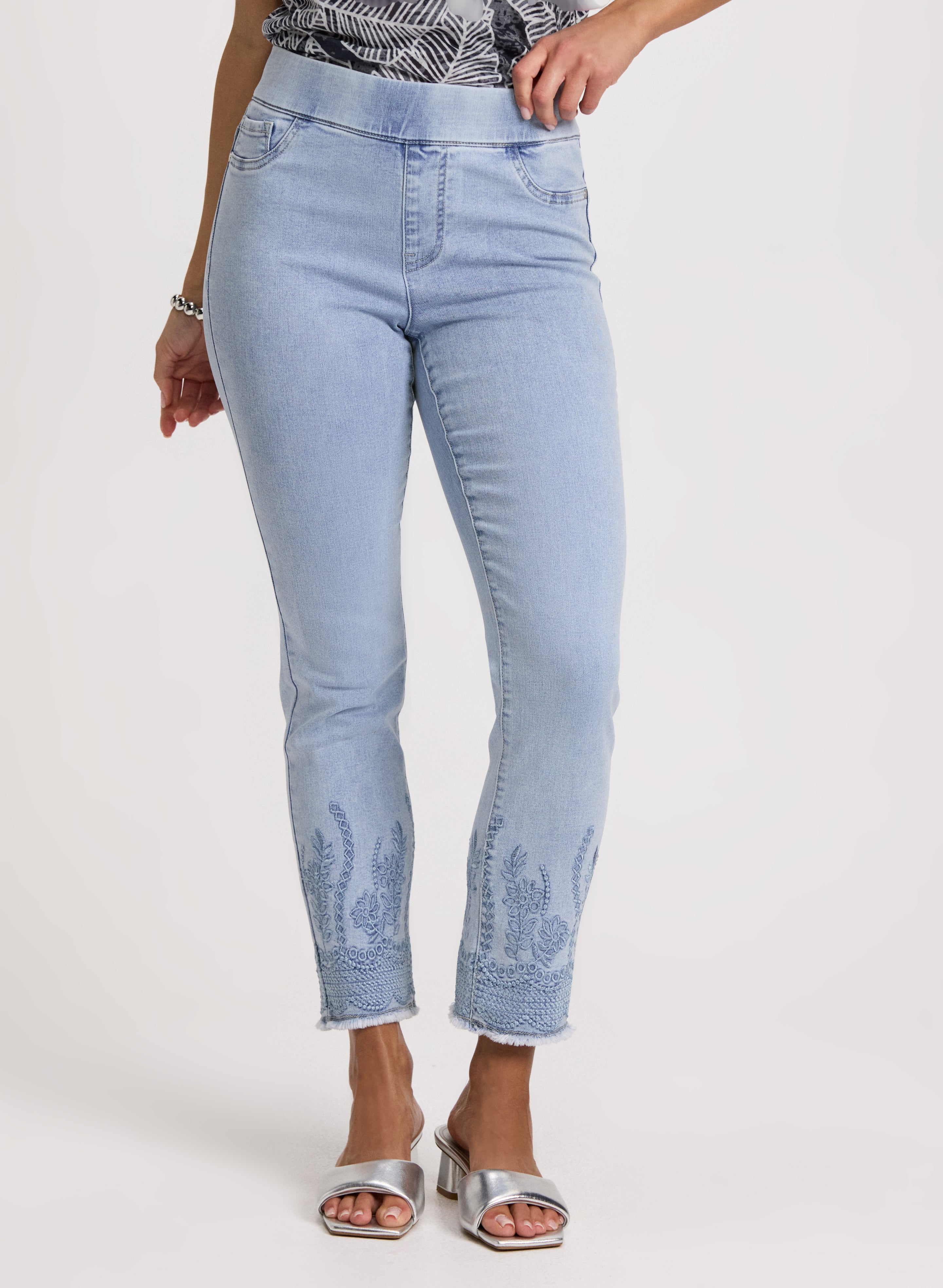 Pull-On Embroidered Hem Jeans