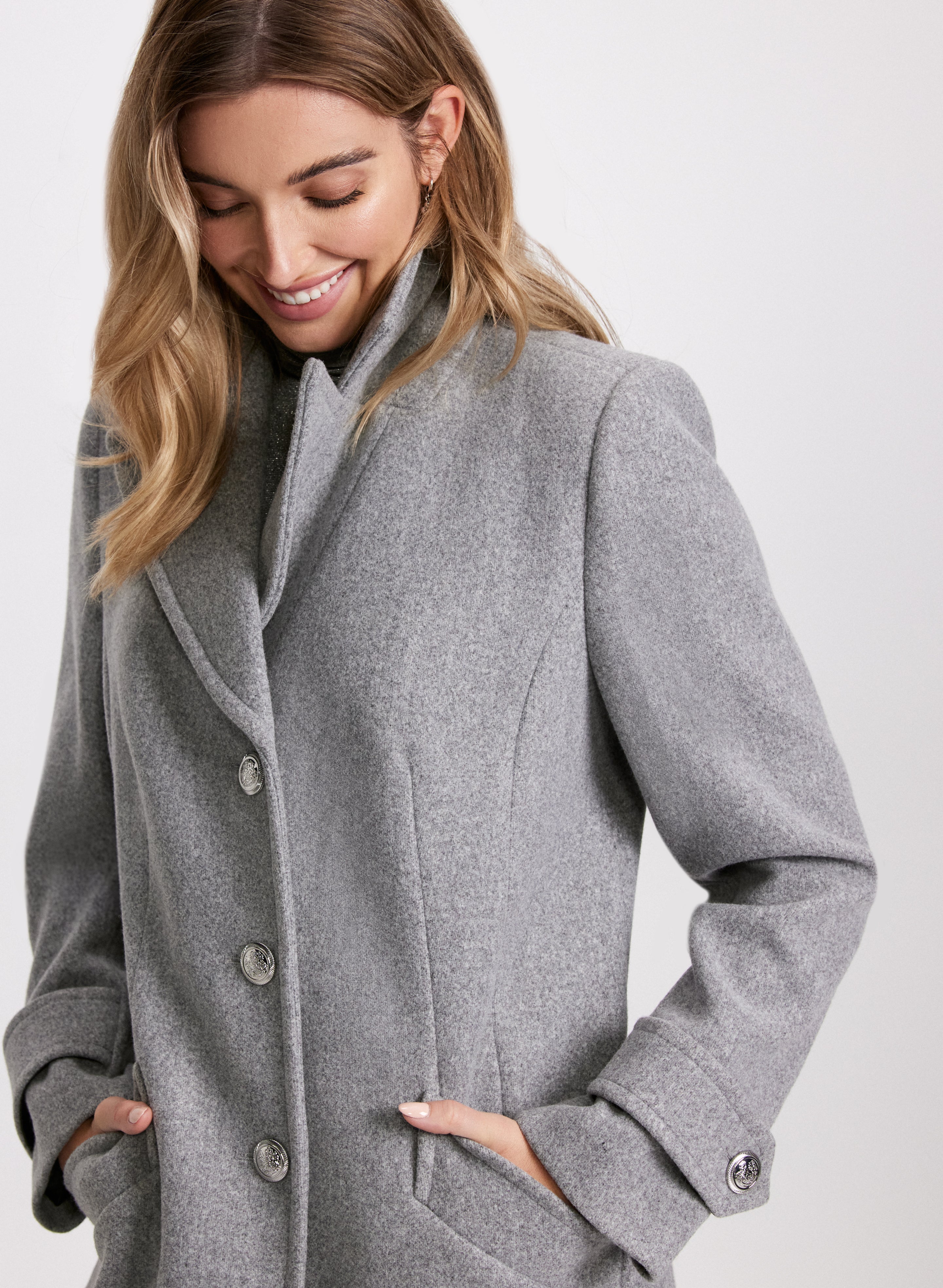 Embossed Button Wool-Blend Coat