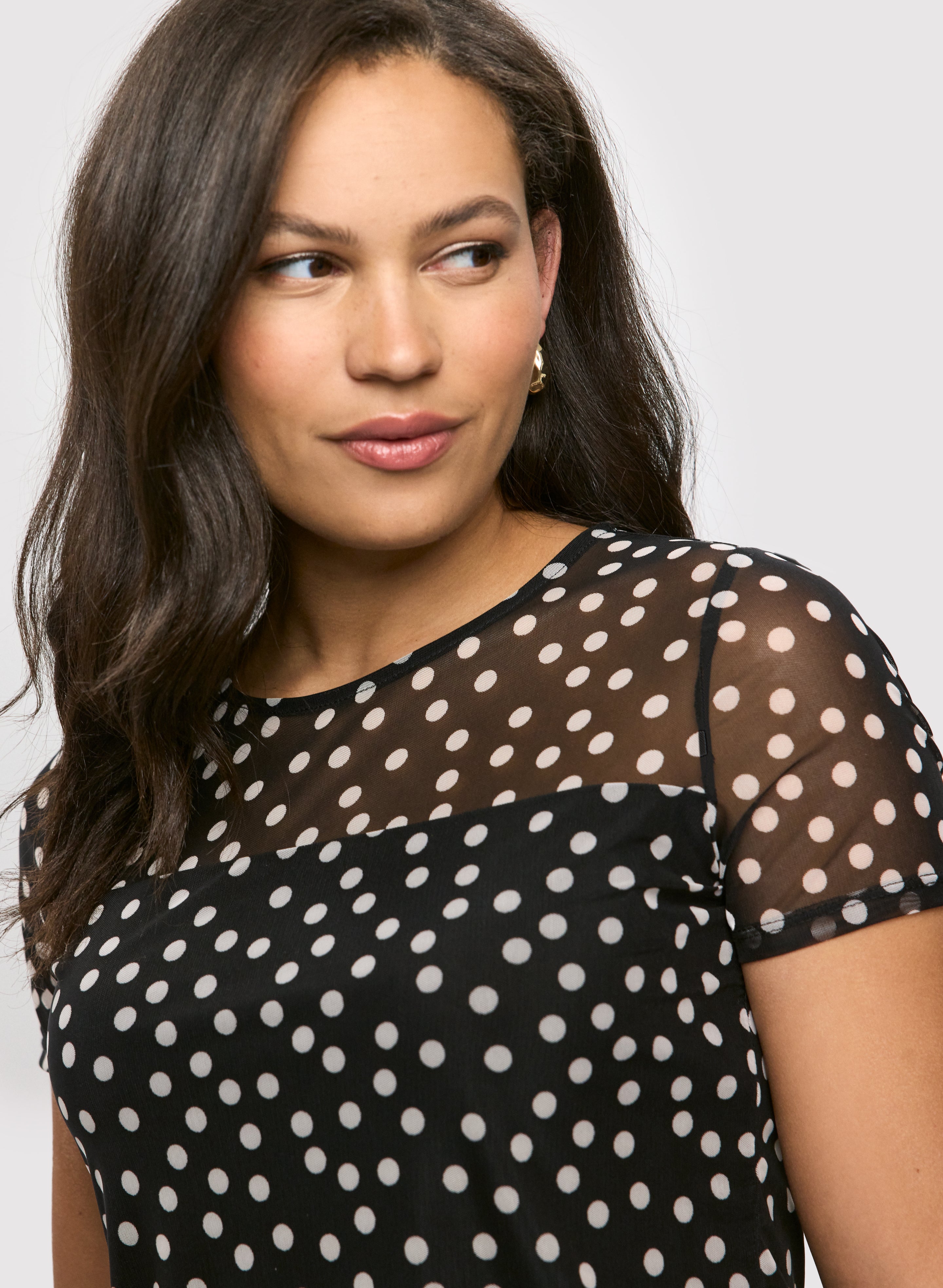 Laura Women s Polyester Spandex Mesh Yoke Polka Dot Top in Black Pattern Size Medium