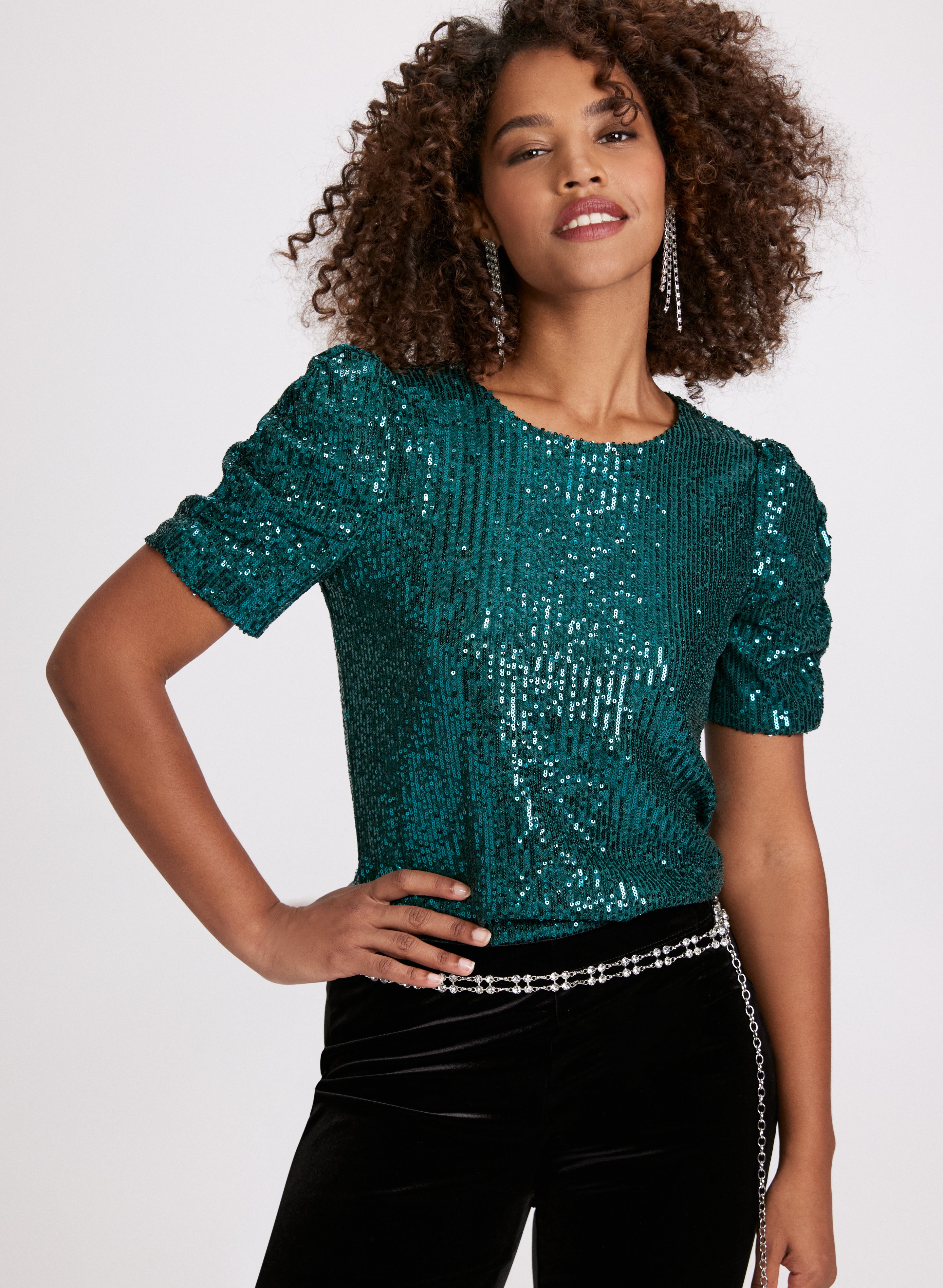 Laura Petites Women s Polyester Spandex Ruched Sleeve Sequin Top in Emerald Size Large