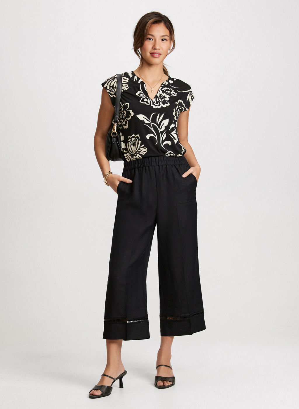 Black Cotton Nylon Wide-Leg High-Waist Capris